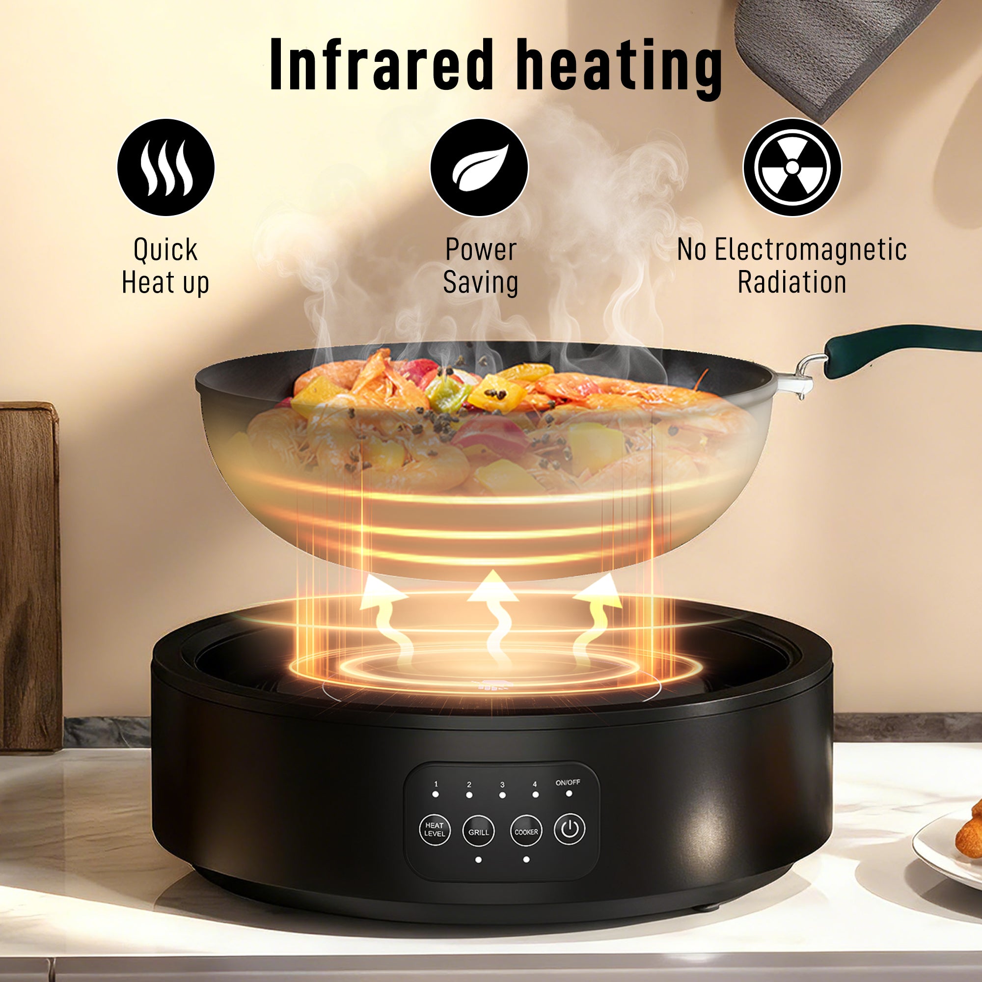 Electric Ceramic Hob with Grill Plate, Multifunctional 36cm Plug in Electric Hob with 4 Heat Levels for All Type Pot