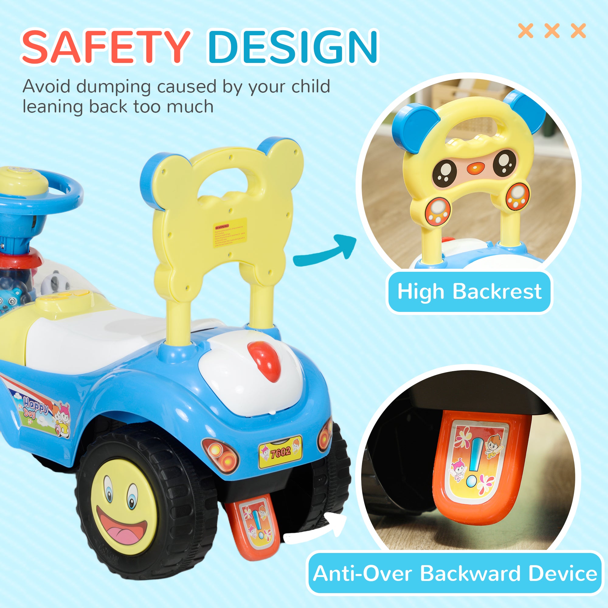 Foot to Floor oddler Ride on Toy w/ Music, Light, Horn, Under Seat Storage, Anti-Over-Backwards Device, Blue