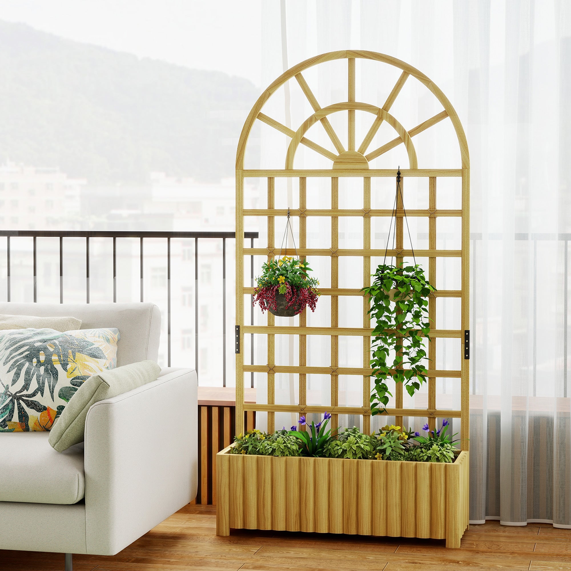 Wooden Raised Planter with Trellis, Raised Bed for Garden with Lattice and Drainage Holes for Climbing Plants