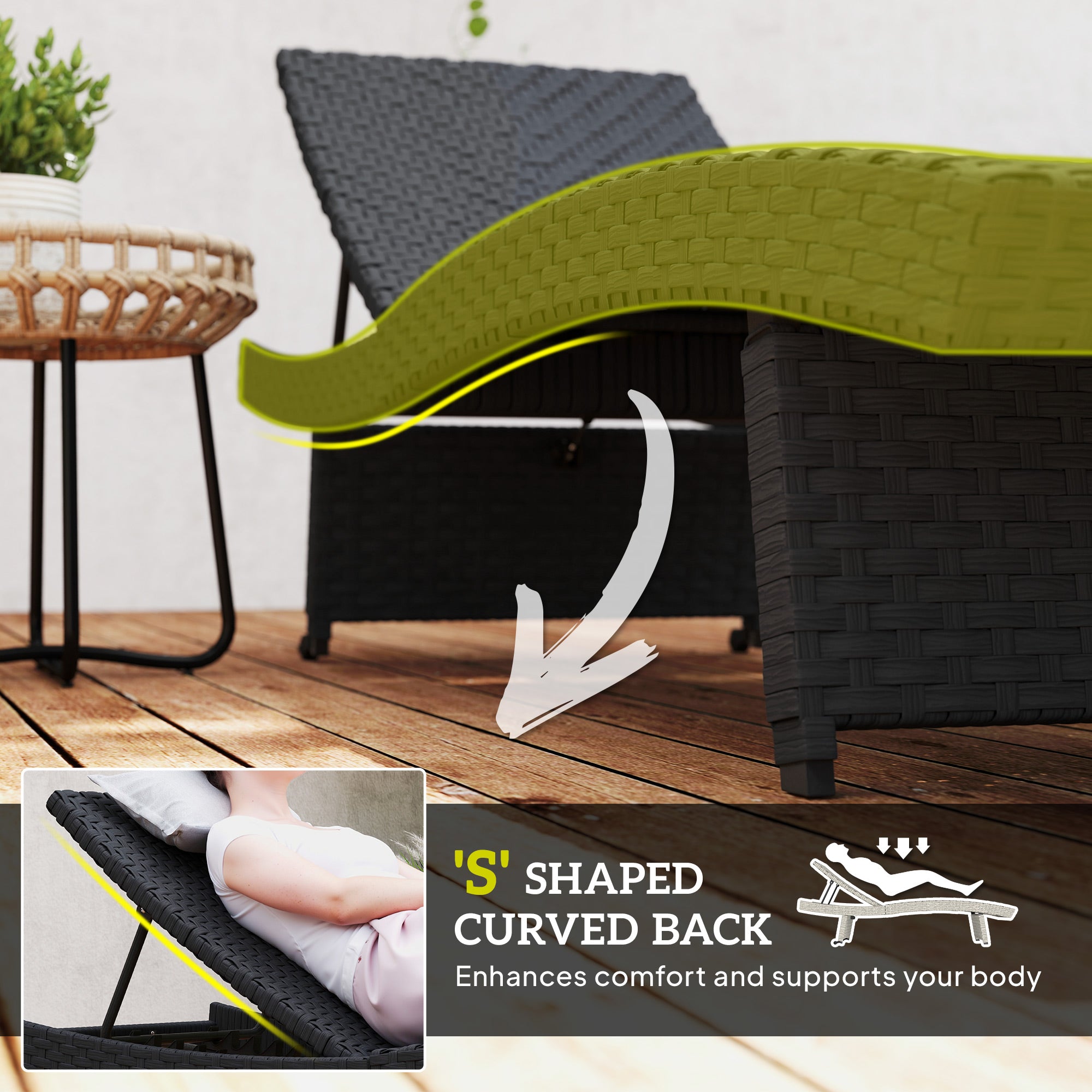 1 Piece Outdoor PE Rattan Sun Lounger with Wheels - Black