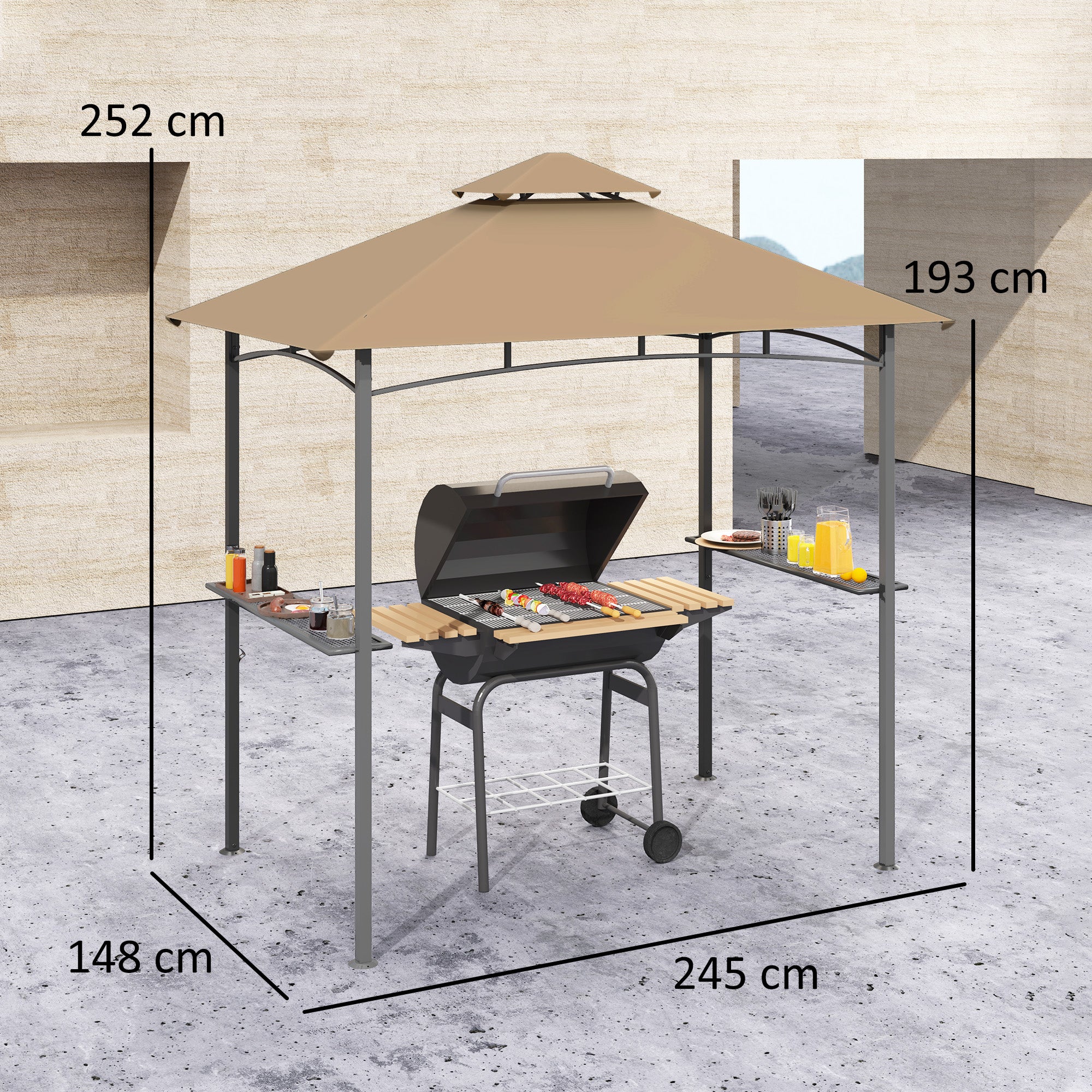 2.5 Metre Double Tiered BBQ Gazebo with Side Shelves - Khaki