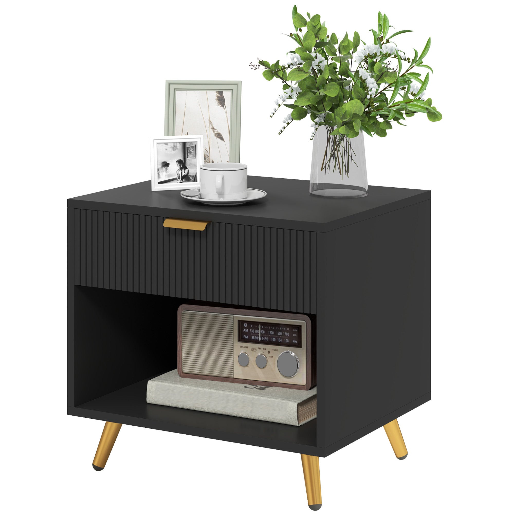 Elegant Bedside Table, with Drawer and Shelf - Black/Gold Tone