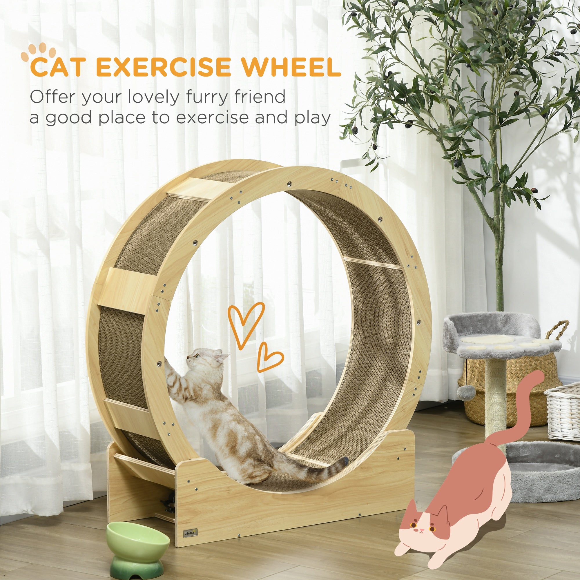 Cat Wheel with Brake, Scratching Pads - Oak Tone