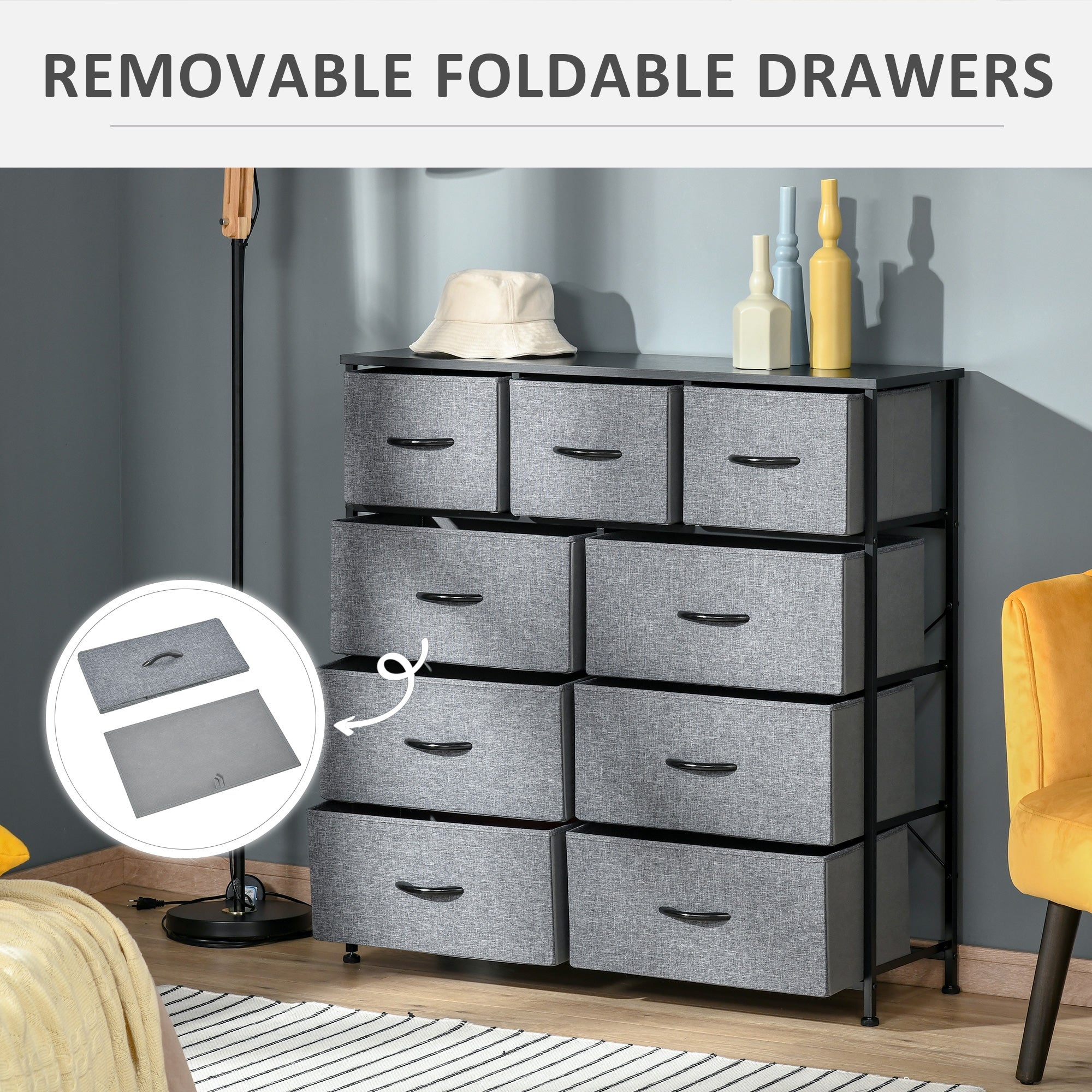 9-Drawer Storage Chest Dresser Organizer with Fabric Bins for Bedroom, Hallway, Entryway - Black & Grey