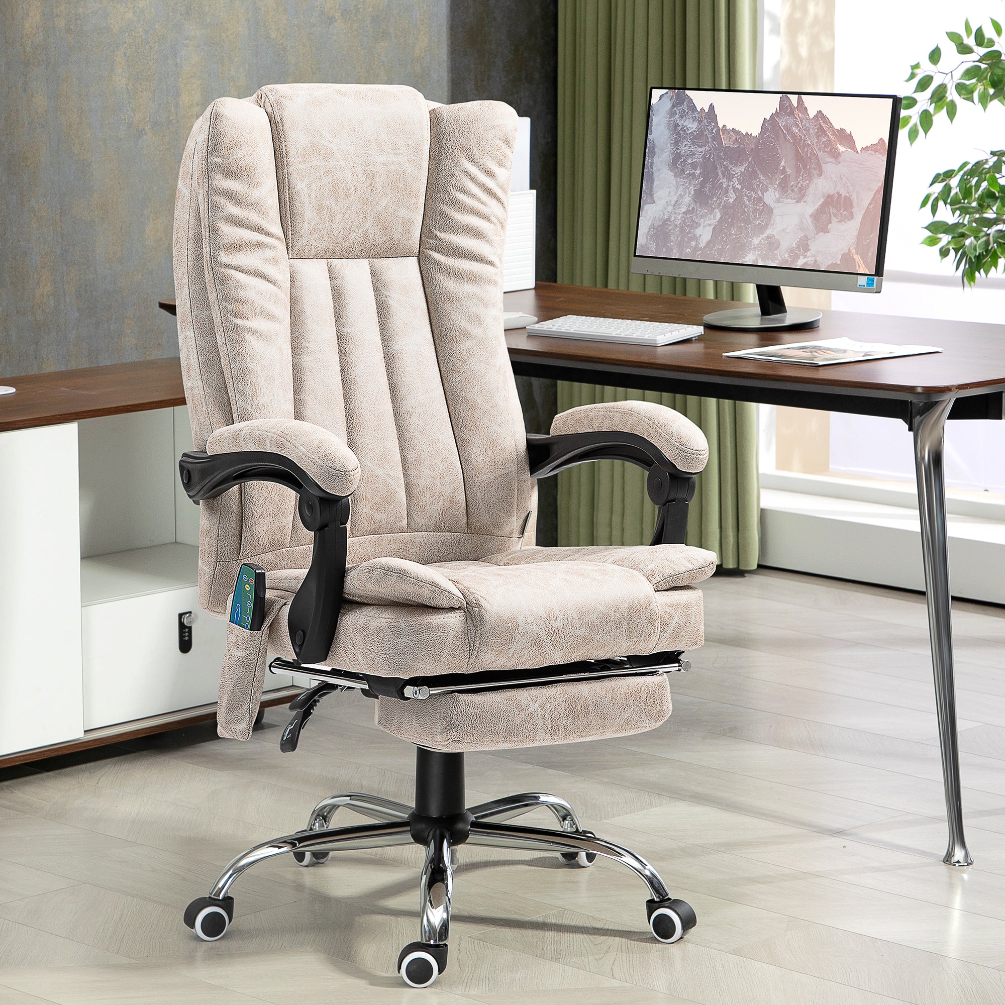 Vibrating Massage Office Chair with Heat, Desk Chair with Height Adjustable and Footrest, Cream White