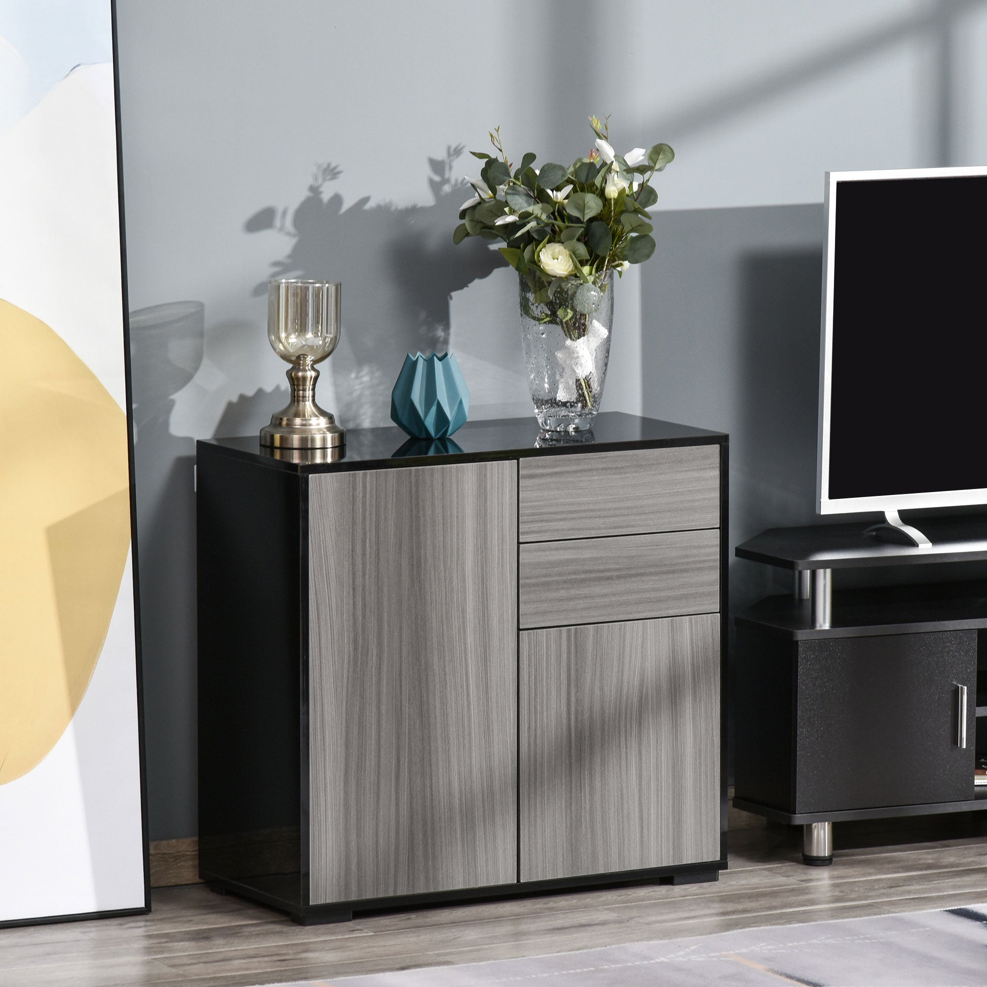 High Gloss Frame Sideboard, Side Cabinet, Push-Open Design with 2 Drawer for Living Room, Bedroom, Light Grey and Black