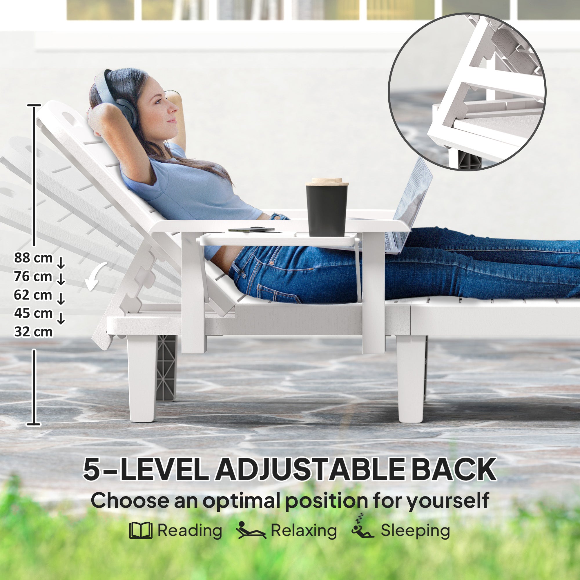 Set of 2 Resin Reclining Sun Loungers for Garden, 5 Positions Adjustable Outdoor Chaise Lounge Chairs with Wood Texture Surface, Armrests, Foldable Side Table for Garden, Beach, White