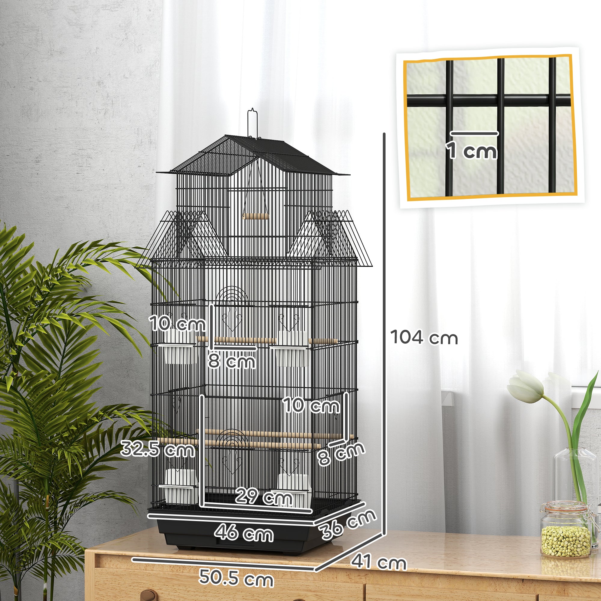 Metal Bird Cage with Swing, Perch, Food Containers & Tray for Finches Canaries 43x32.5x104cm - Black