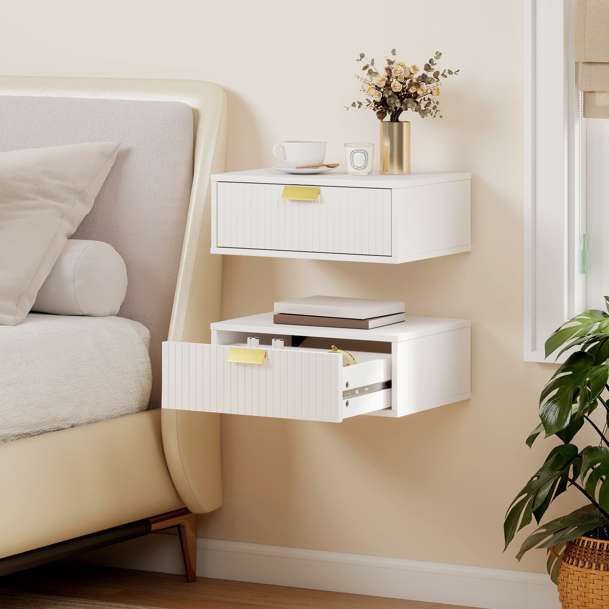 Modern Floating Nightstands Set of 2, Wall Mounted Bedside Tables with Wave Drawer White