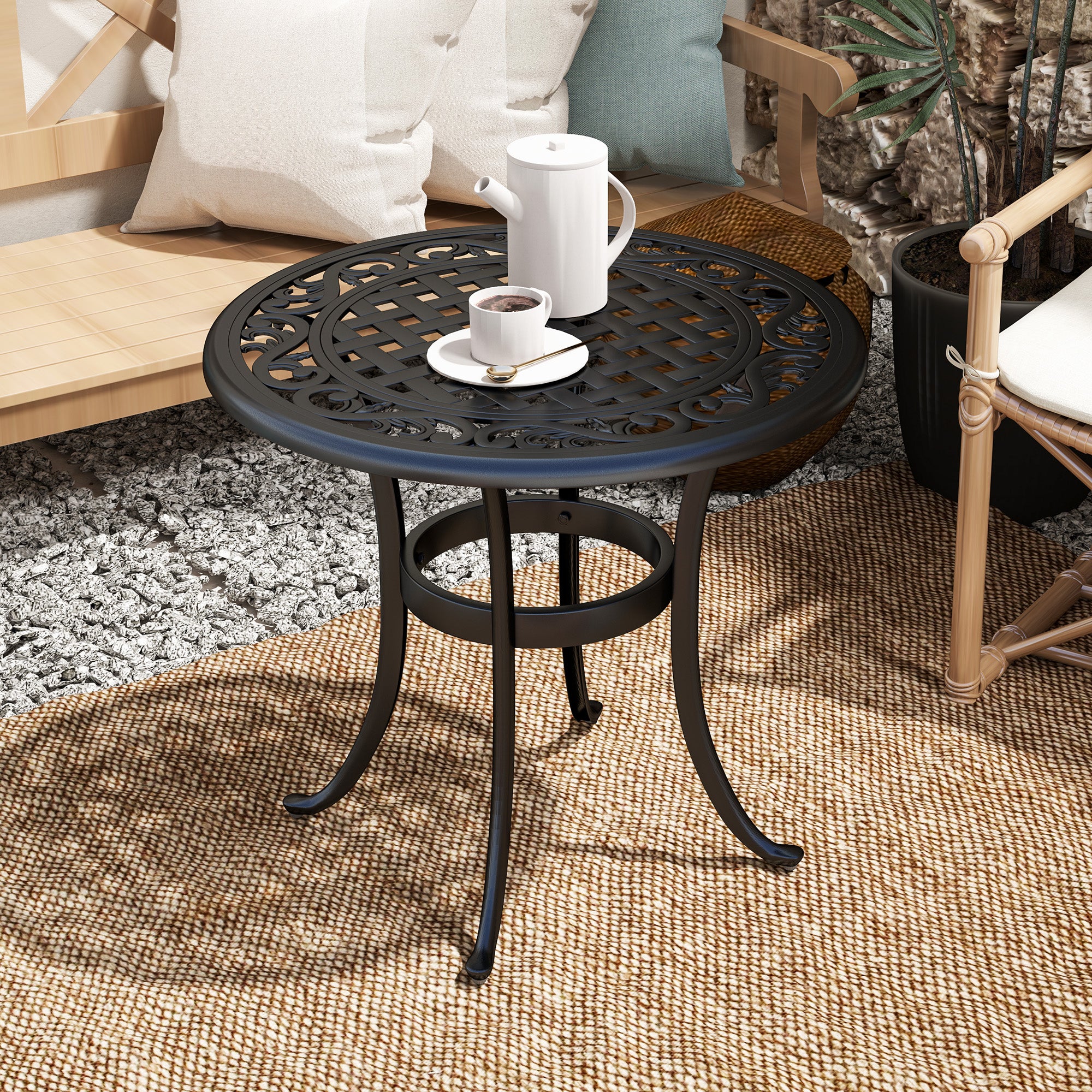 60cm Round Outdoor Garden Side Table with Hollow Top Cast Aluminium Frame - Black