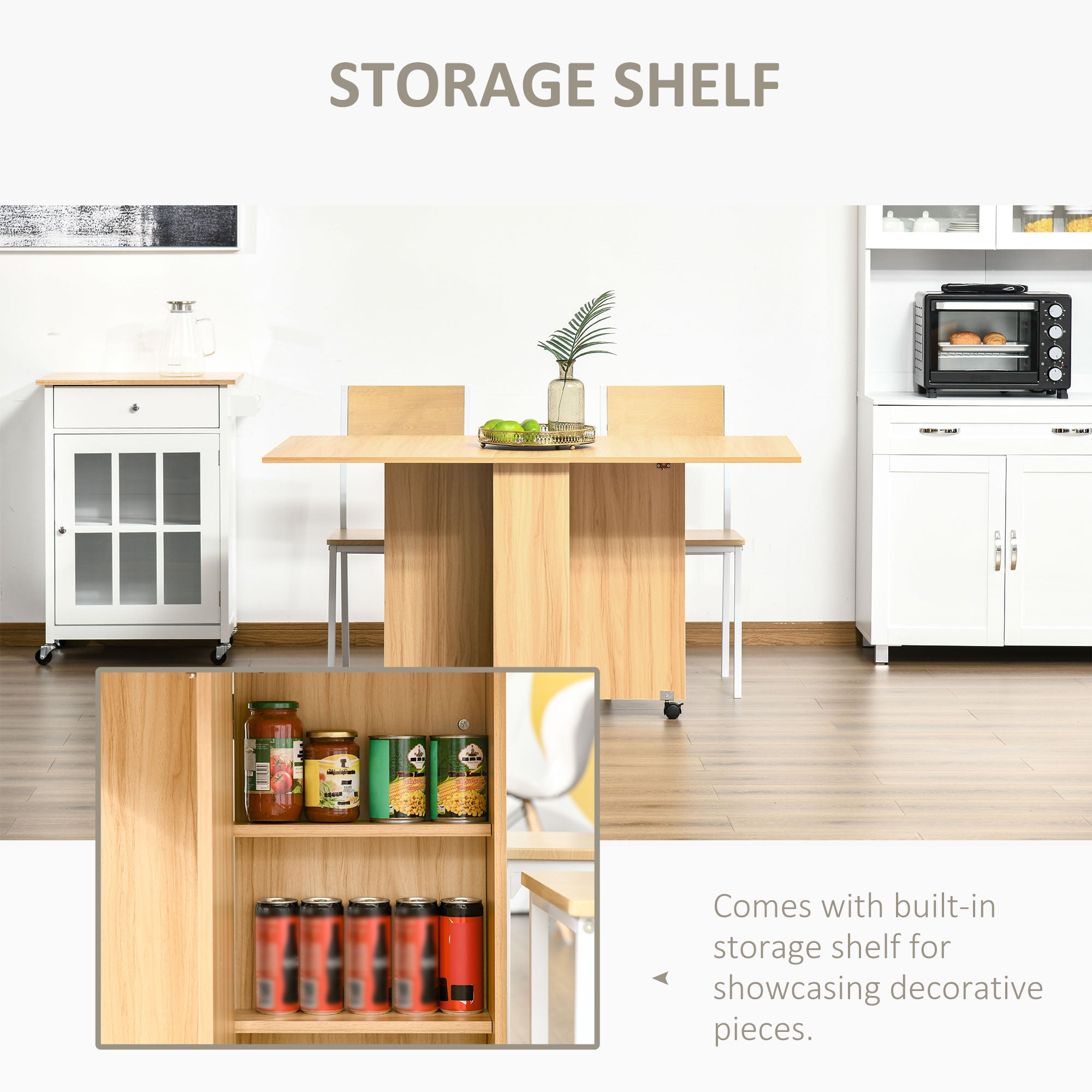 HOMCOM Folding Dining Table, Drop Leaf Table for Small Spaces, Foldable Rectangular Tabletop with Storage Shelves for Kitchen, Dining Room, Teak