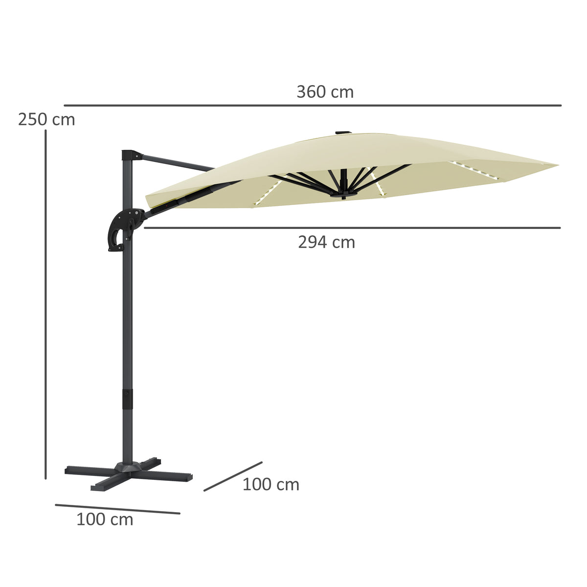 3 Metre Cantilever Garden Parasol with Solar Lights and Crank Handle - Cream