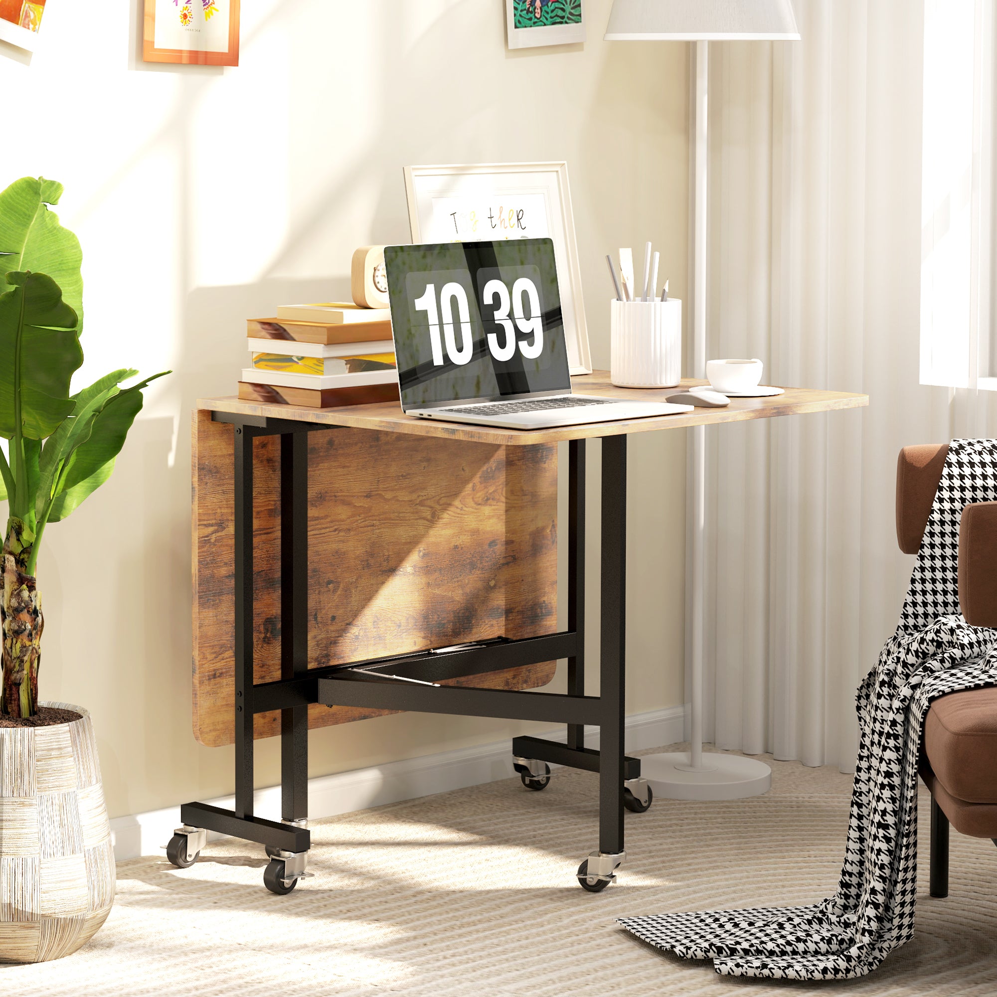 Six-Seater Drop-Leaf Dining Table, with Wheels - Brown Wood-Effect