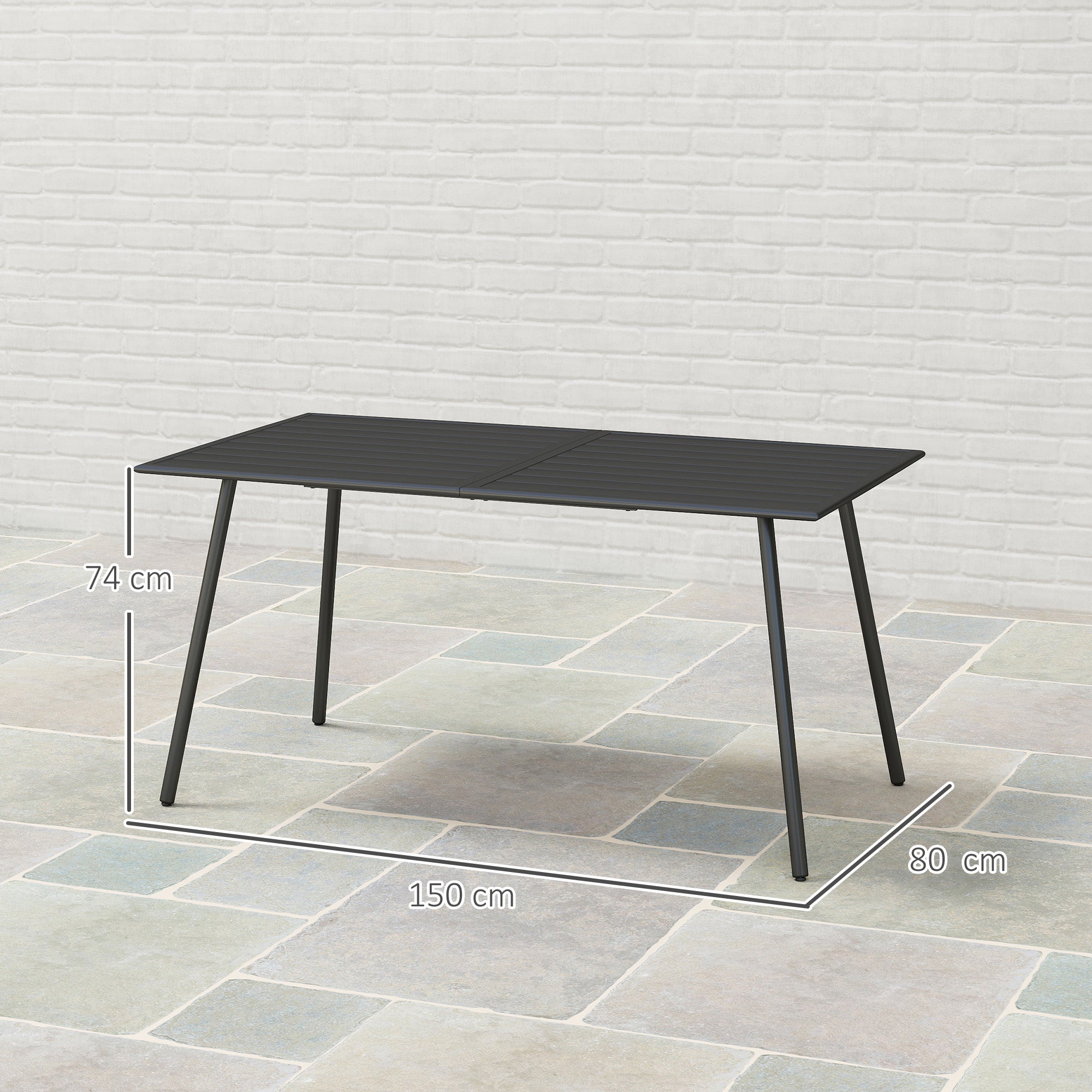 6 Seater Rectangle Garden Table with Slat Top Steel Frame Black