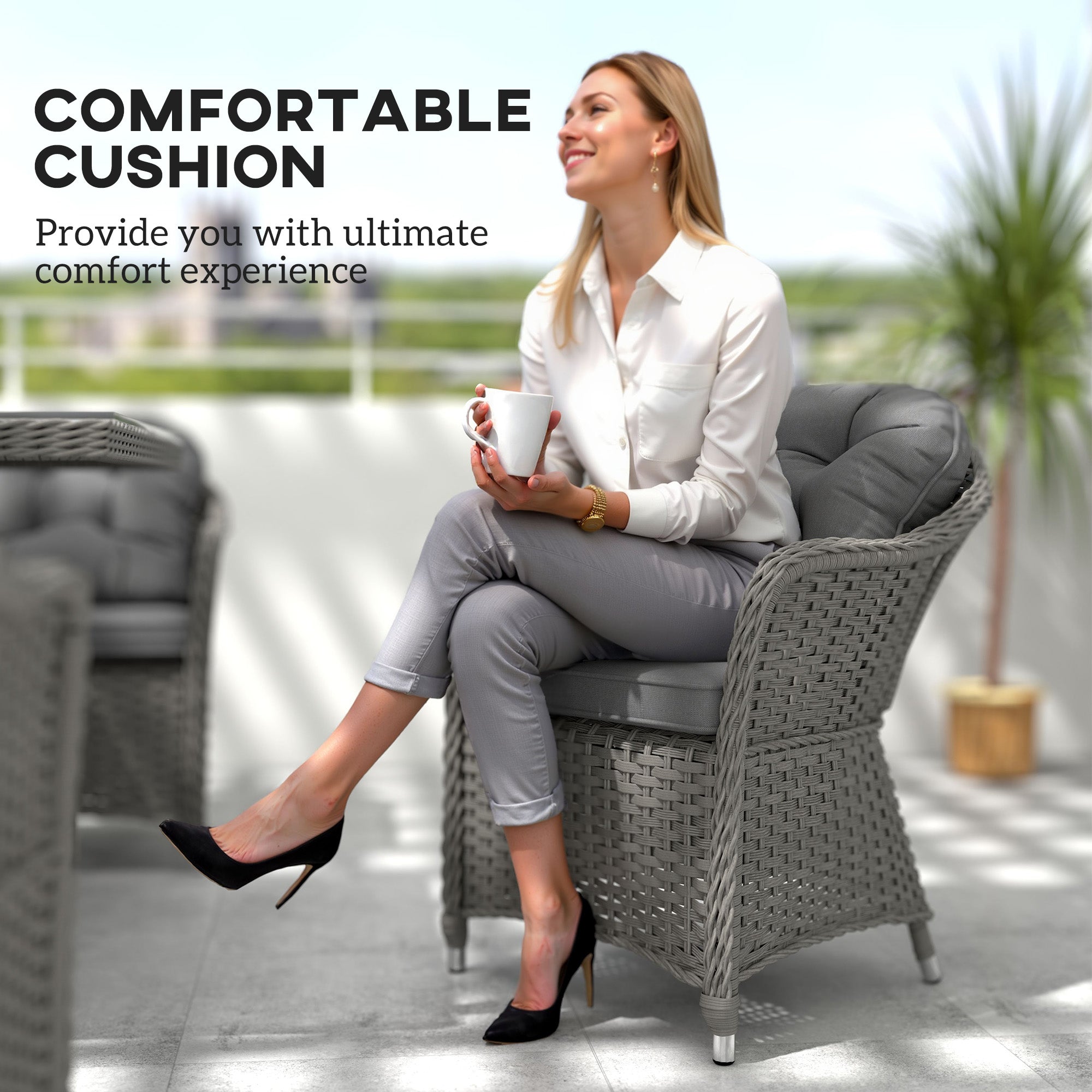 Seven-Piece Rattan Dining Set - Light Grey