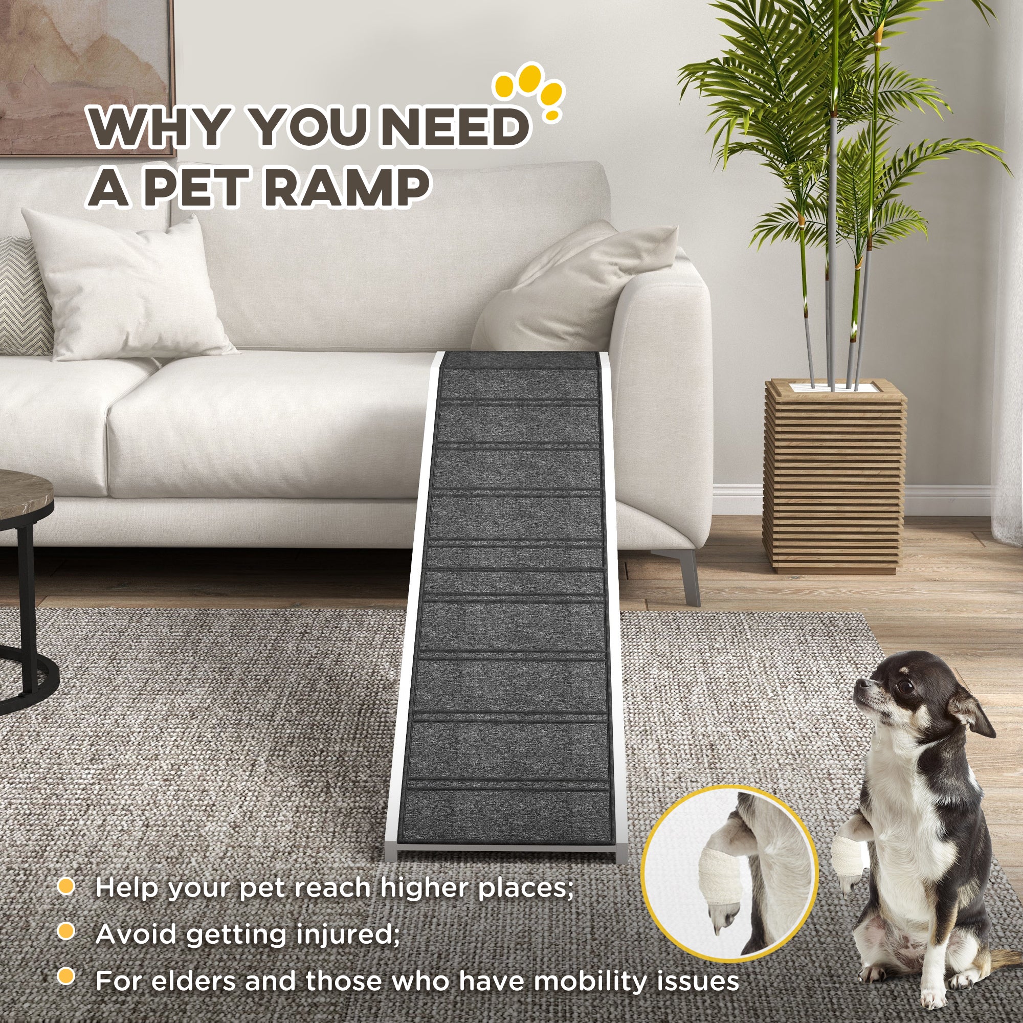 Pet Ramp for Dogs with Non-Slip Carpet and Top Platform - White & Grey