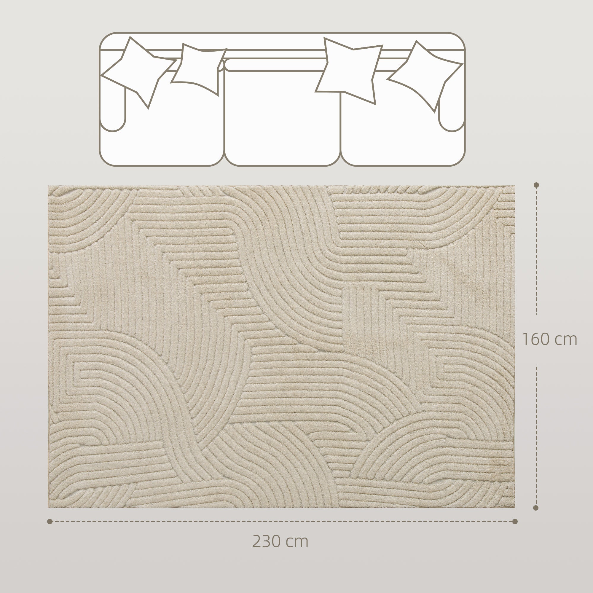 Modern Geometric Rug, Thick & Plush, Non-Slip, 230 x 160 cm – Cream, Living Room/Bedroom/Office