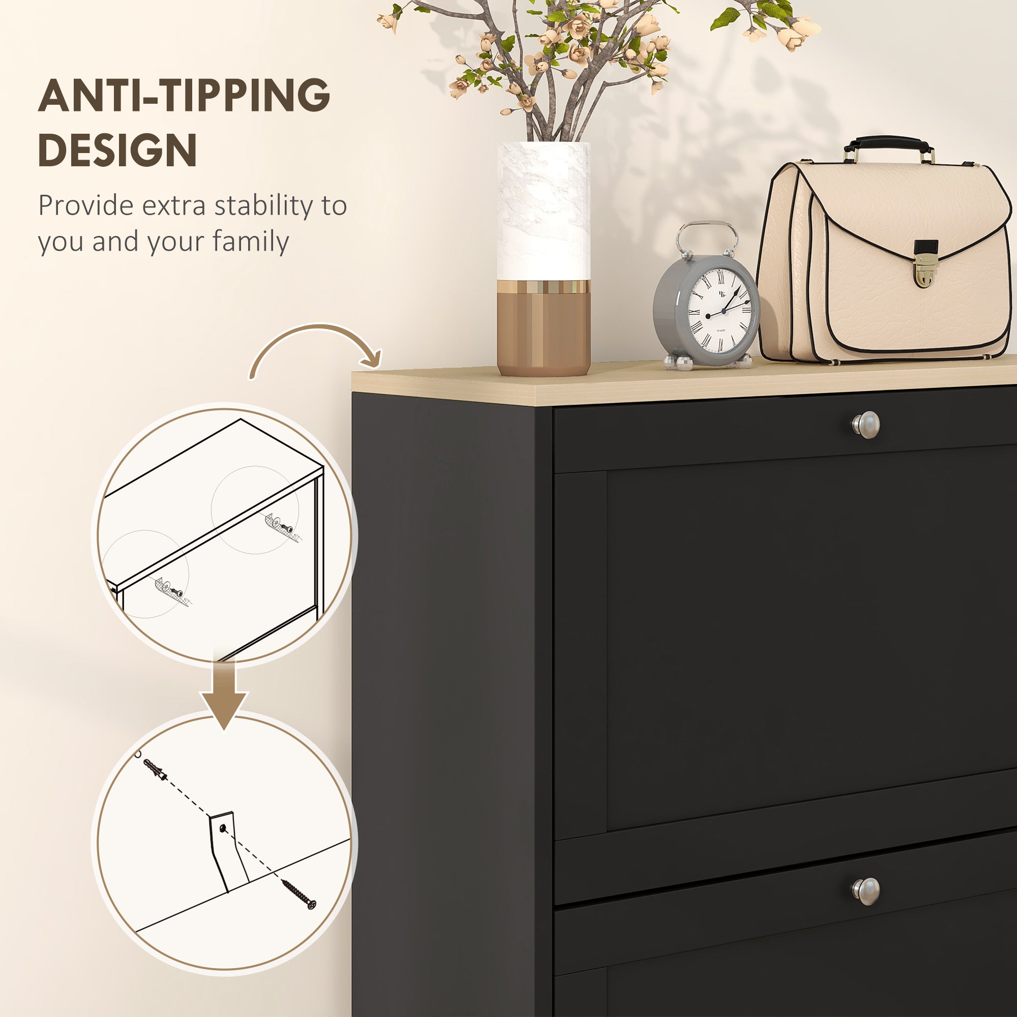 Modern Compact Three-Drawer Shoe Storage Cabinet with Adjustable Shelves - Black
