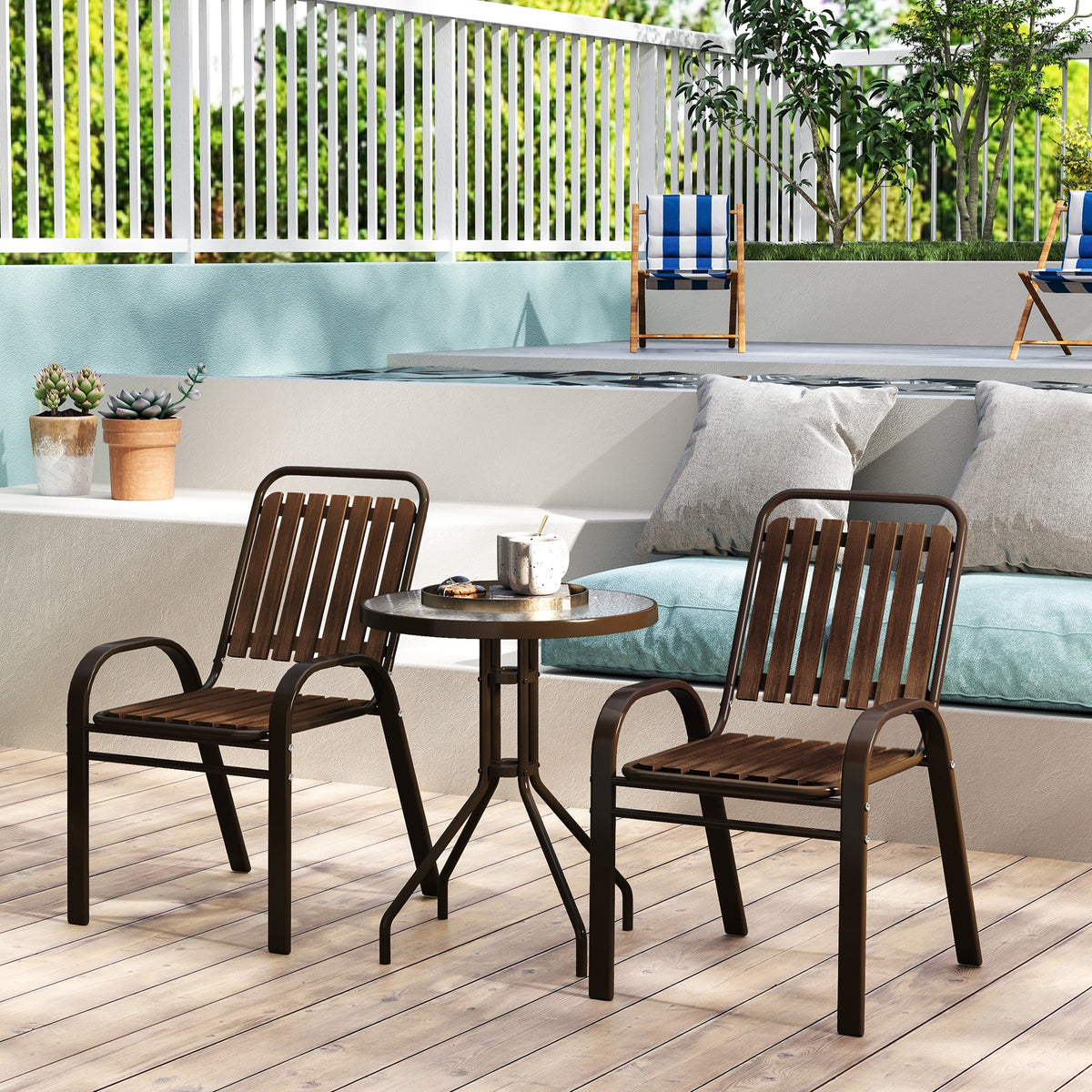 3 Pieces Outdoor Patio Bistro Set with Stackable Chairs and Tempered Glass Table - Dark Brown