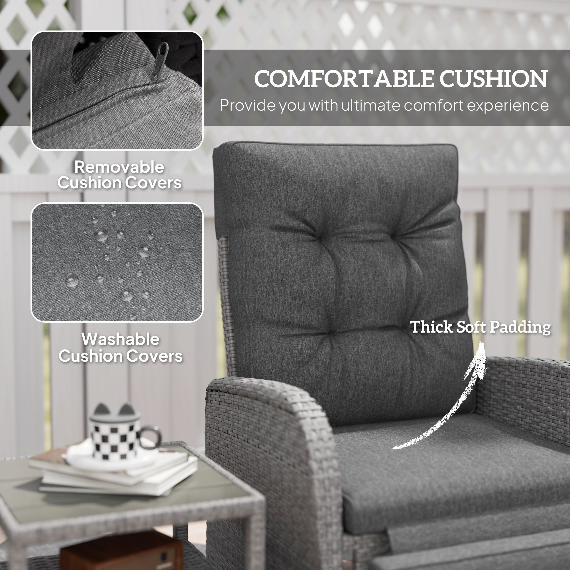 2 Seater Patio Rattan Wicker Chaise Lounge Sofa Set with Cushions and Coffee Table - Grey