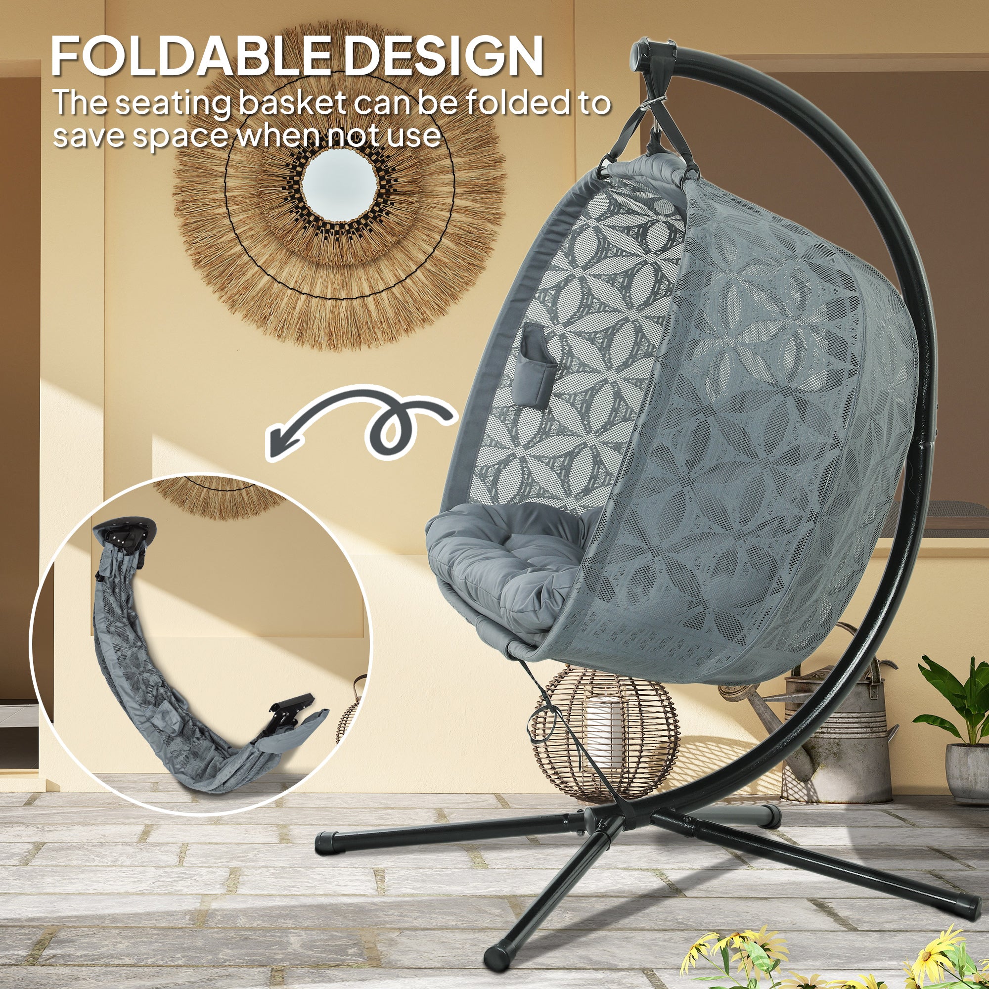 Outdoor Double Hanging Chair with Cushion and Cup Holders - Charcoal Grey