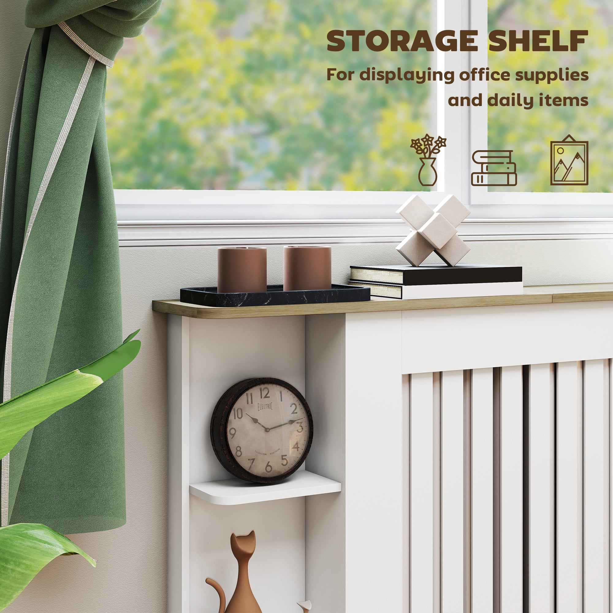 Radiator Cover with Open Storage Shelves, Vertical Slatted Cabinet Shelf Heater Cover for Living Room, Hallway, Medium, White