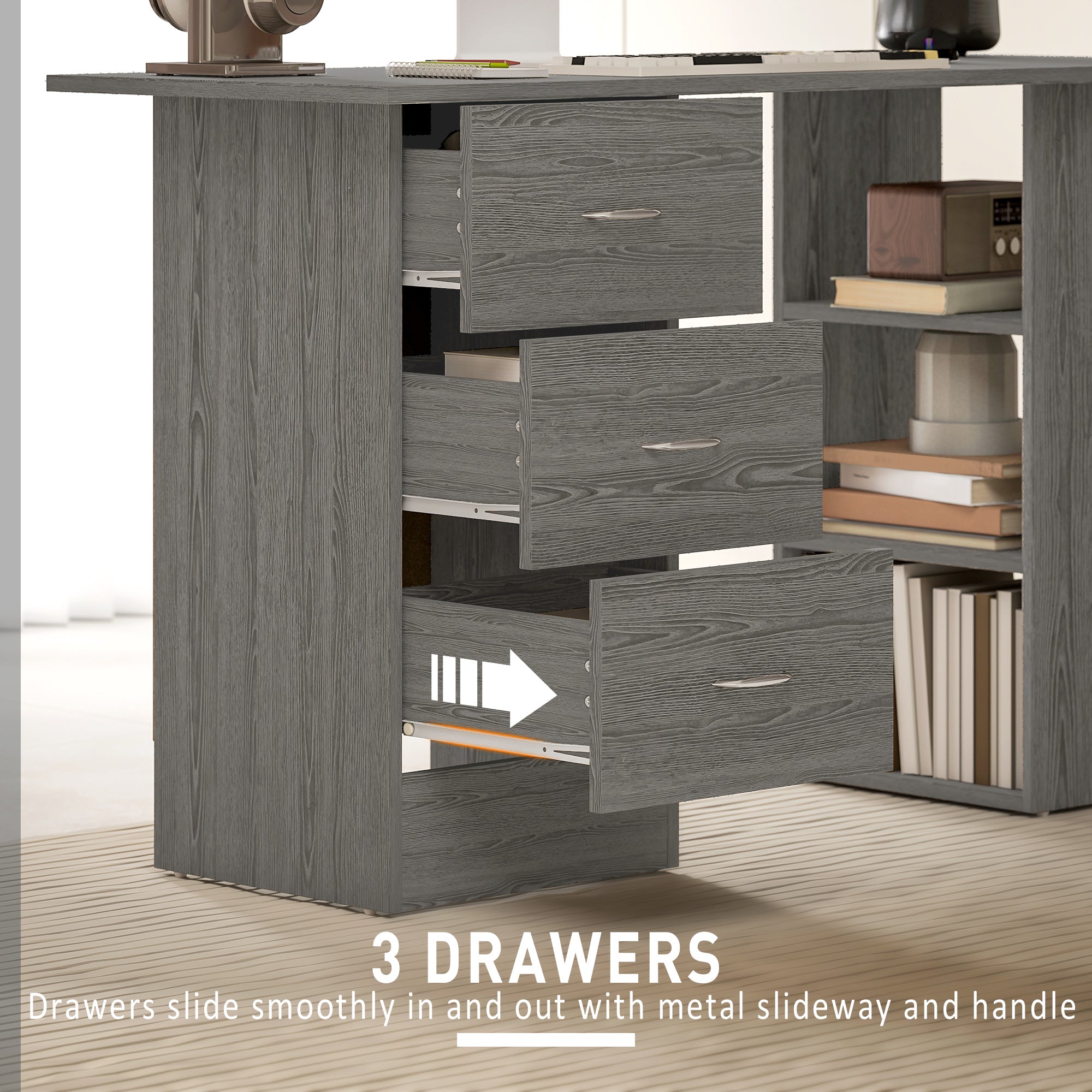 Computer Desk with Drawers, Home Office Desk, Writing Table, PC Workstation with 3 Storage Shelves for Working, Study, 120 x 49 x 72 cm, Grey