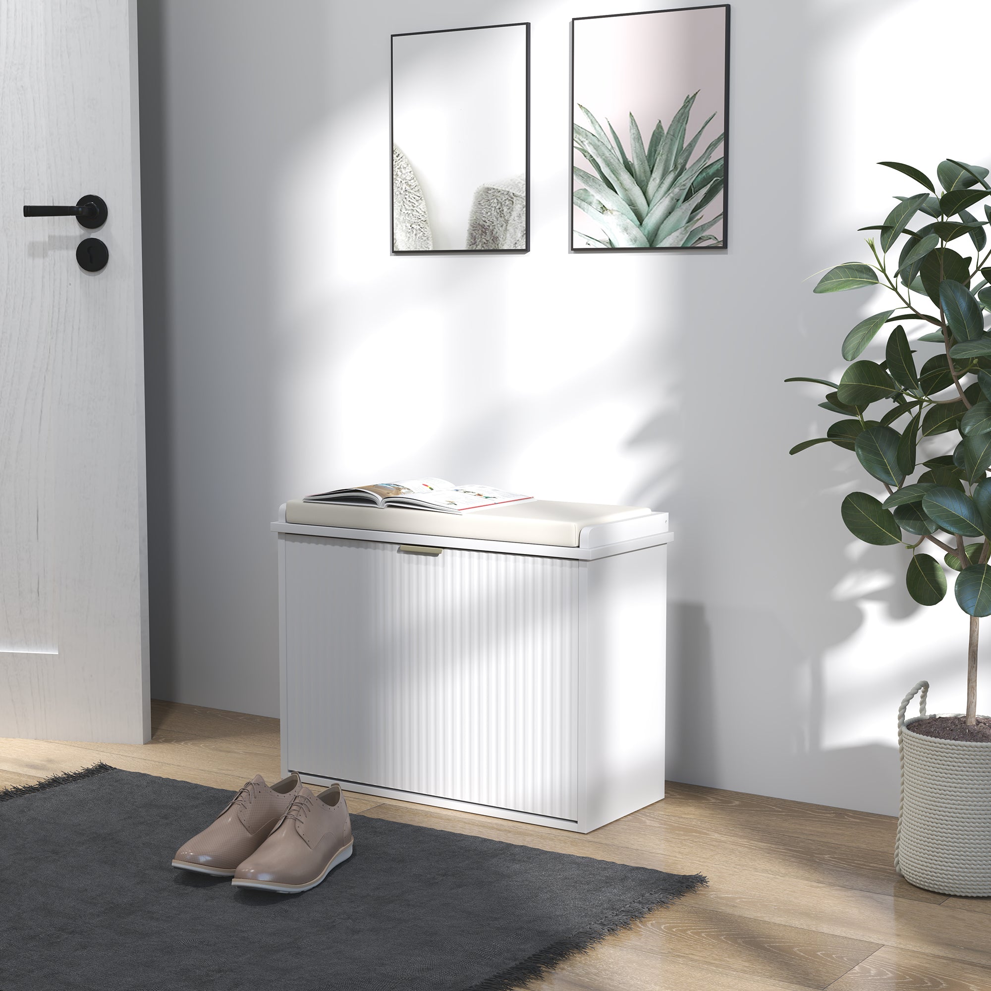 Elegant Six Shoe Bench, with Top Seat - White