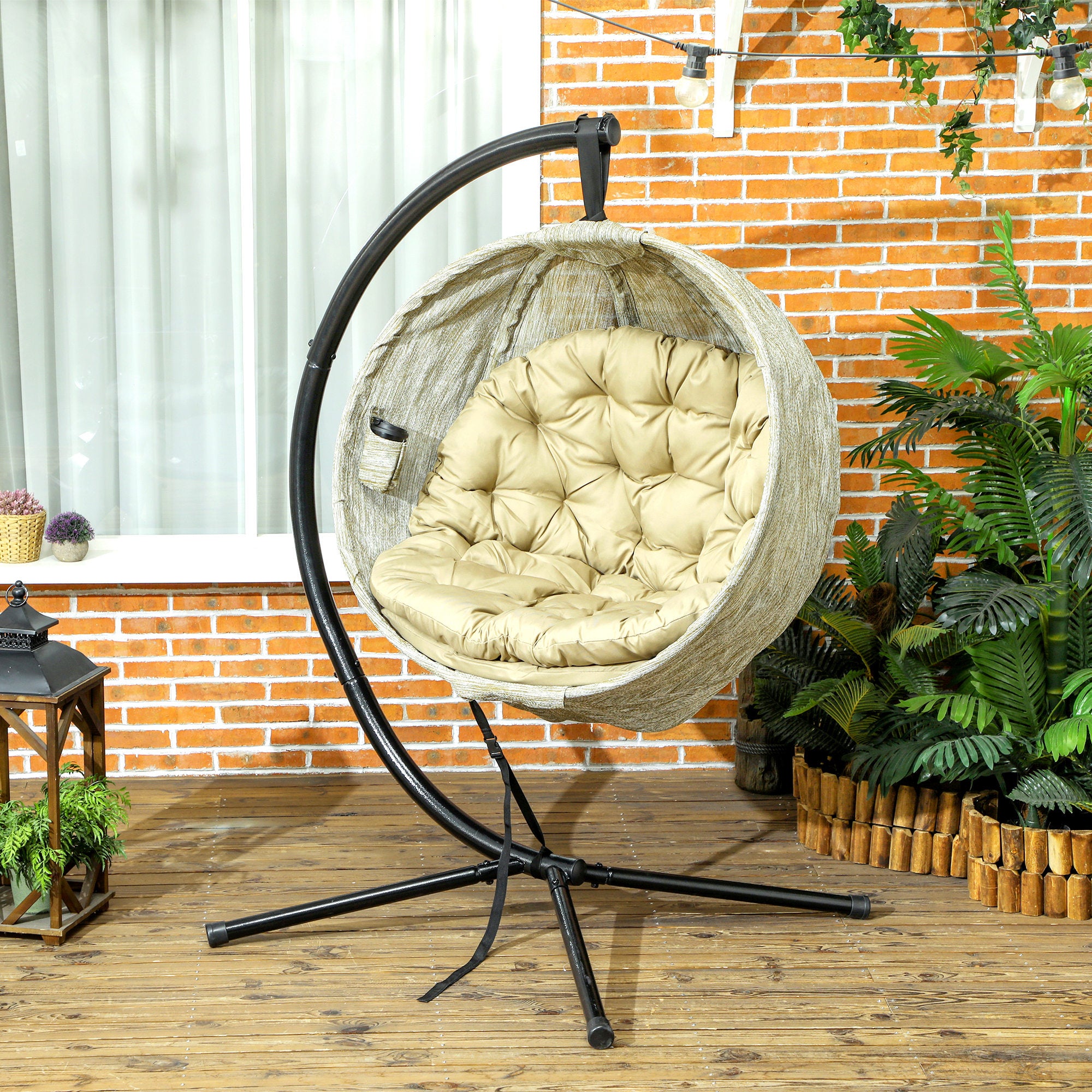 Hanging Egg Swing Chair with Stand and Thick Cushion - Khaki