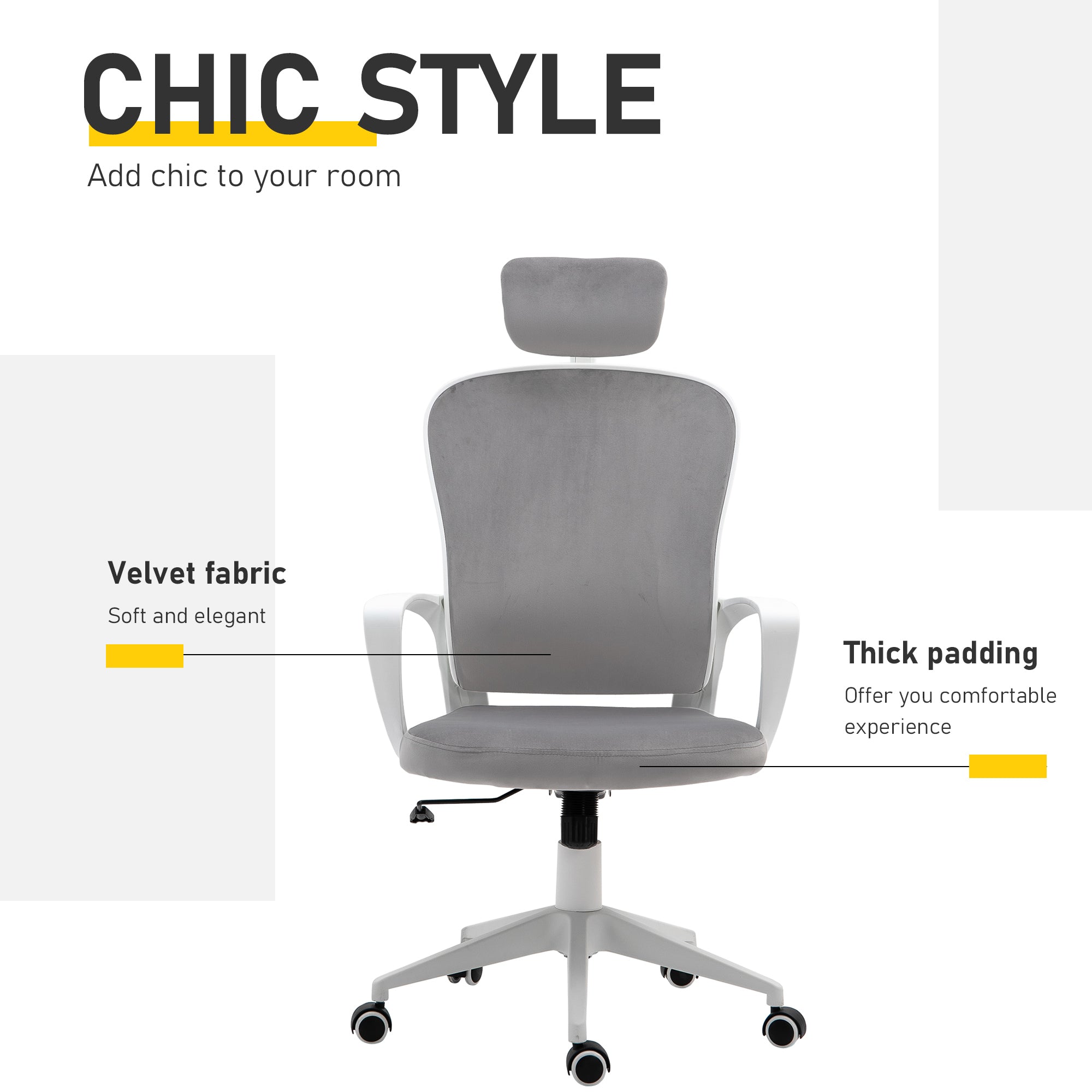 Office Chair, Ergonomic Desk Chair, High Back Velvet Fabric Computer Chair with Adjustable & Liftable Headrest for Home, Grey