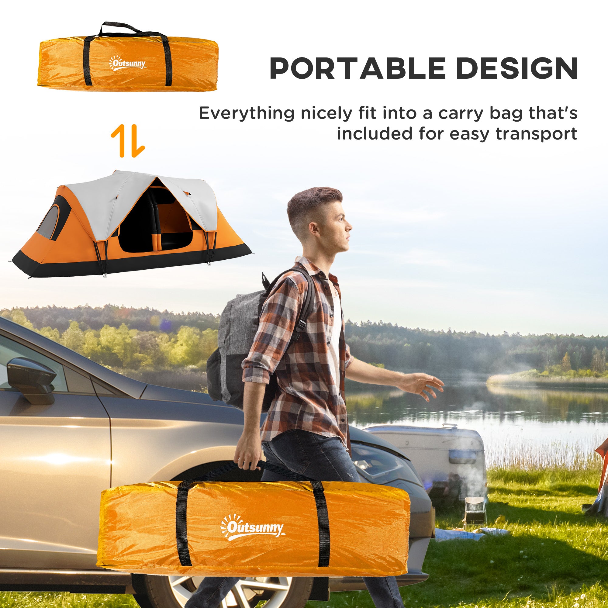 Six-Man Camping Tent with Two Rooms and Rainfly – Orange