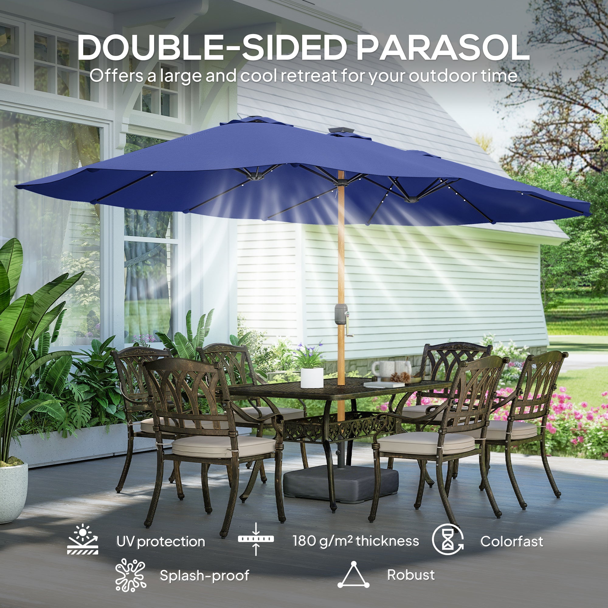Double Sided Garden Parasol with Base Included & 48 Solar LED Lights Patio Umbrella Crank Handle 4.6m Dark Blue