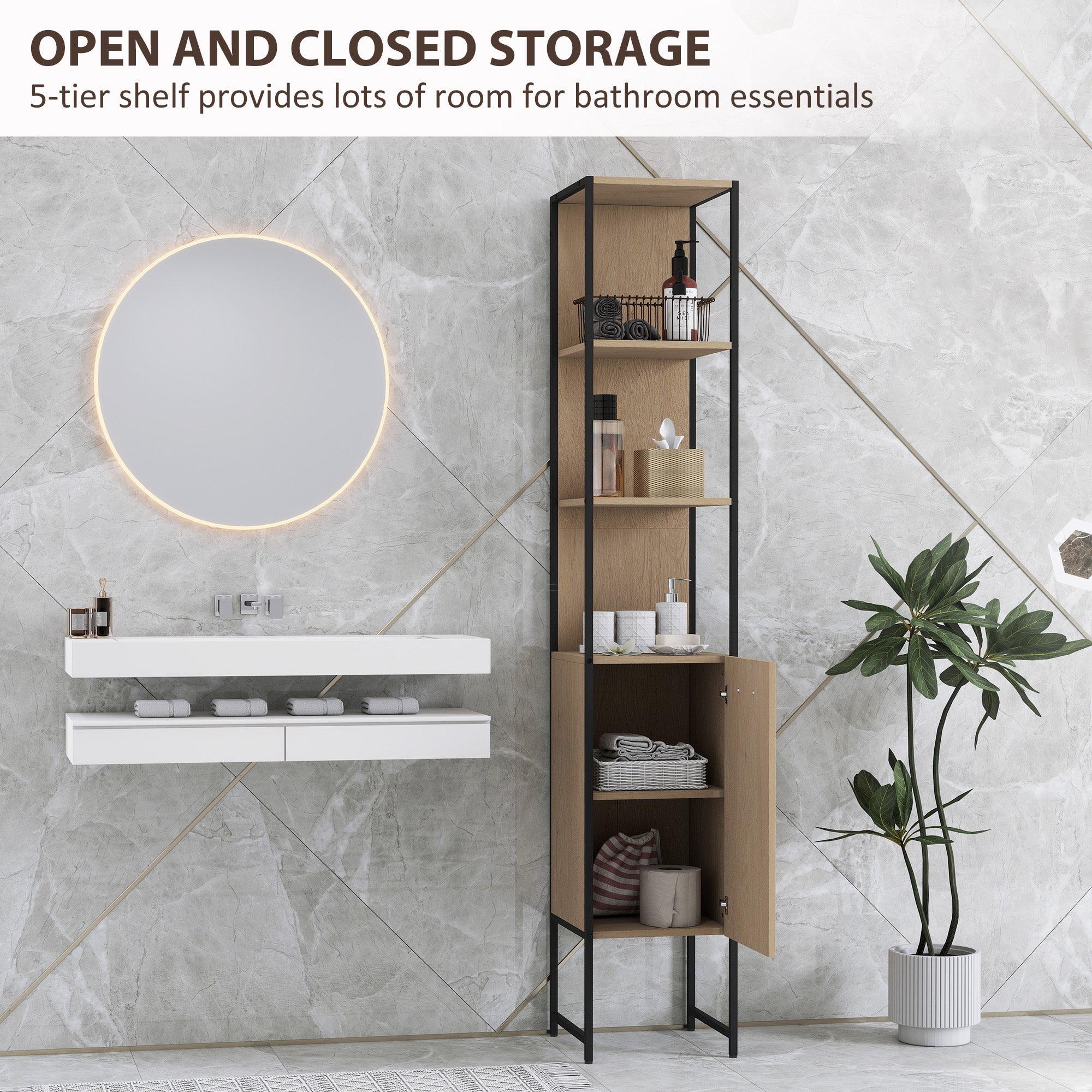 Tall Bathroom Cabinet with Open Shelves and Adjustable Shelf - Natural Wood Finish