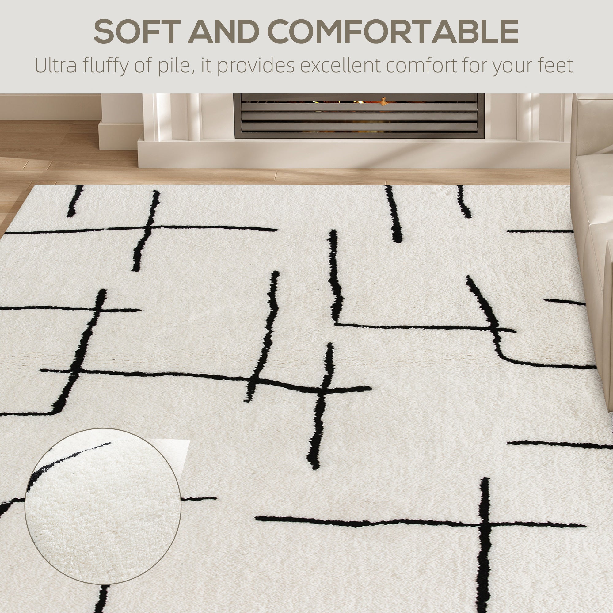 Modern Fluffy Area Rug, Geometric Pattern Washable Rug, Soft High Pile Floor Carpet for Living Room, Bedroom, Dining Room, Home Office, 170 x 120 cm, Cream