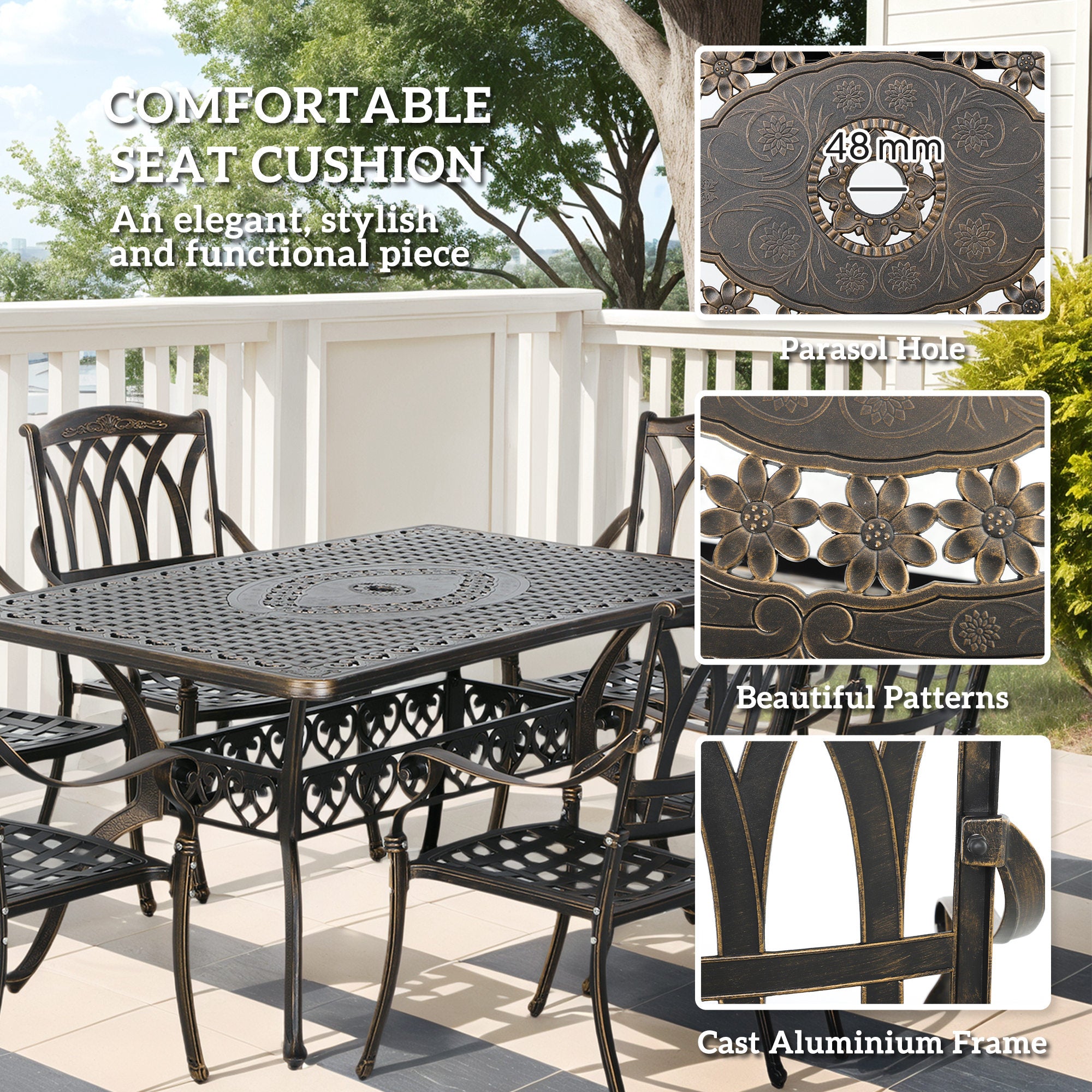 7 Piece Cast Aluminium Garden Dining Set with Floral Design - Bronze Tone