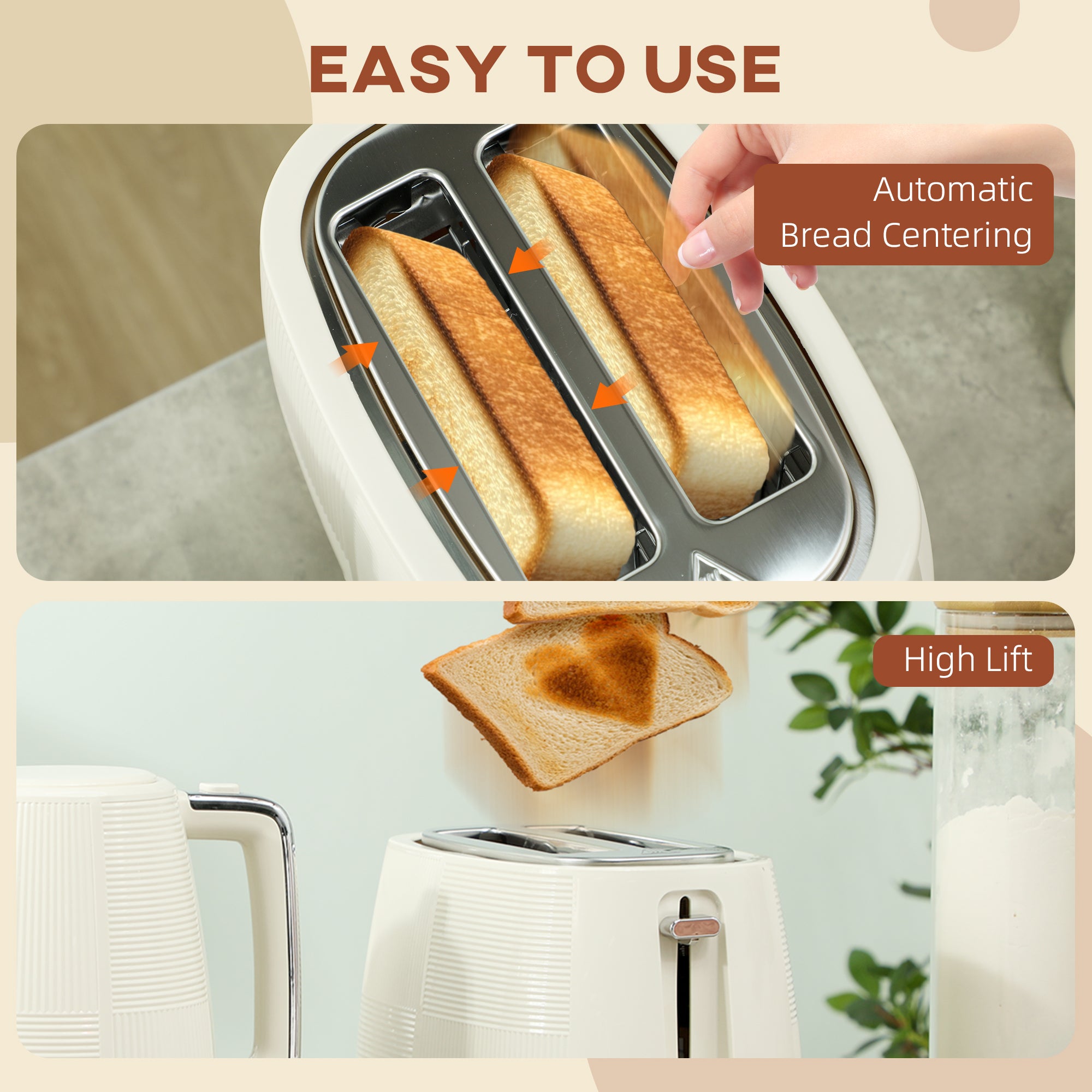 1.7L 3000W Fast Boil Kettle & 2-Slice Toaster Set with 7 Browning Levels, Defrost & Reheat - Cream White