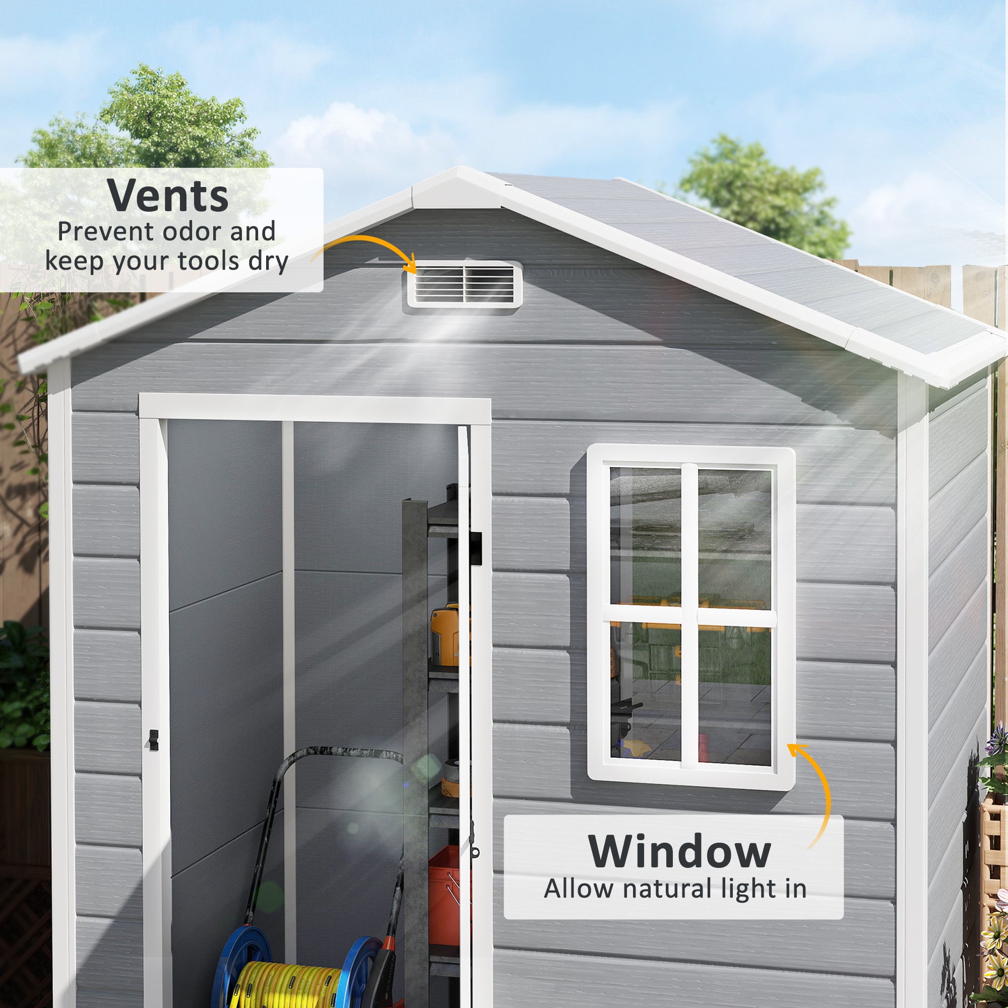 6 x 4ft Plastic Garden Shed with Floor and Lockable Door - Grey Wood Effect