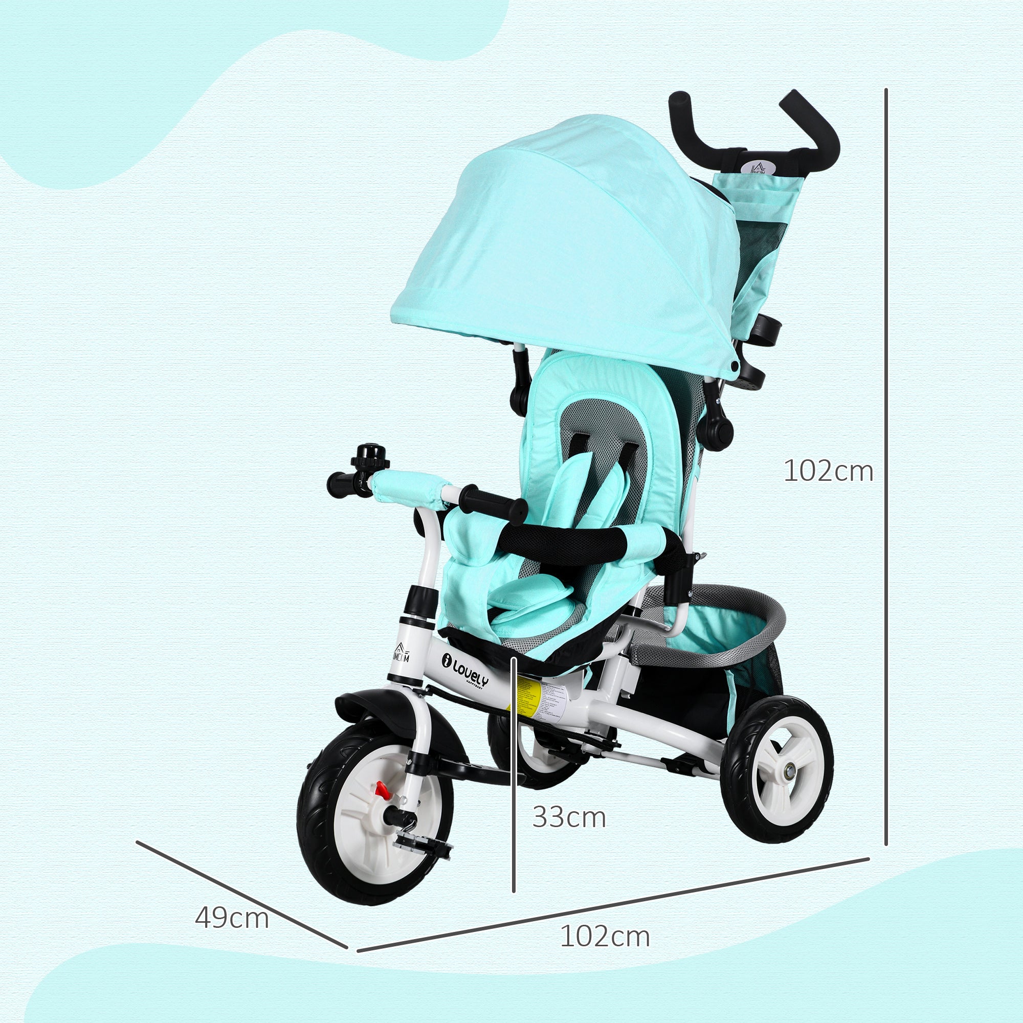 6 in 1 Kids Trike Push Bike w/ Push Handle, Canopy, 5-point Safety Belt, Storage, Footrest, Brake, for 1-5 Years, Green