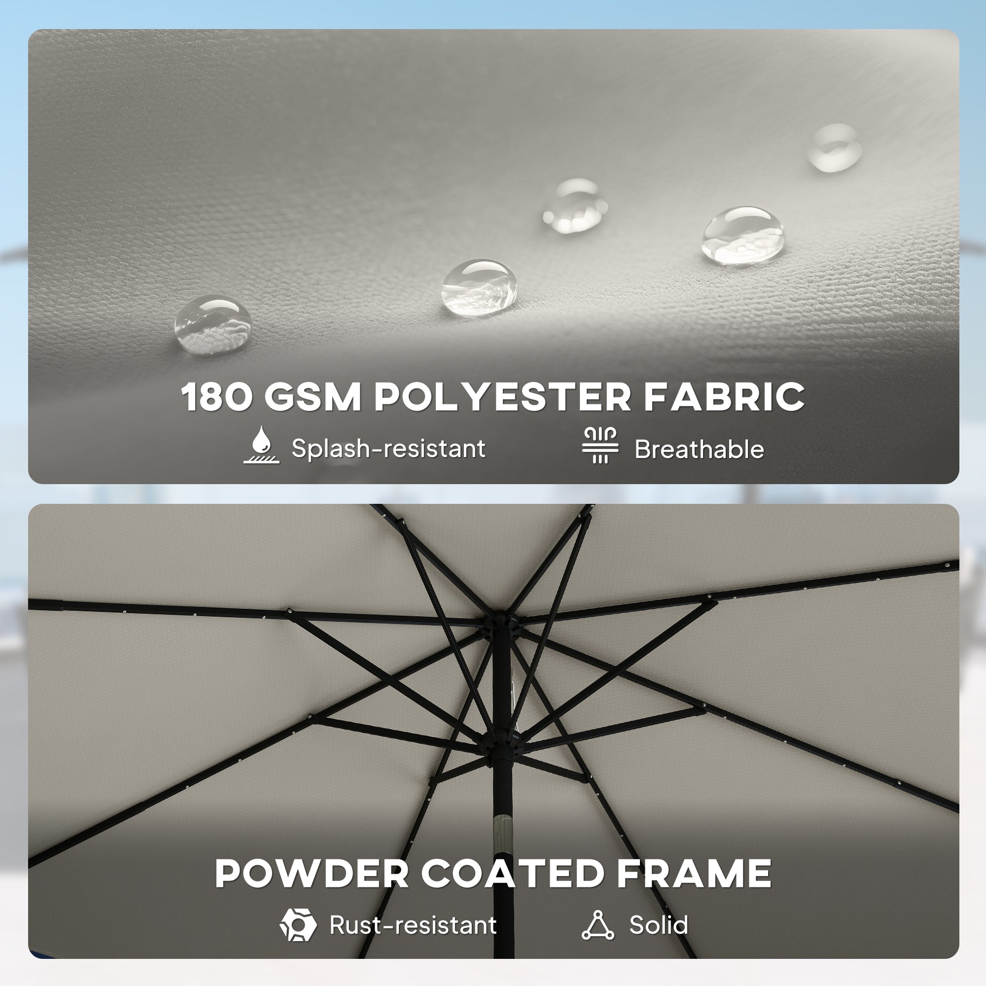 2.6 m Garden Parasol Umbrella with LED Solar Light, Parasol Cover, Outdoor Market Patio Umbrella, Light Grey