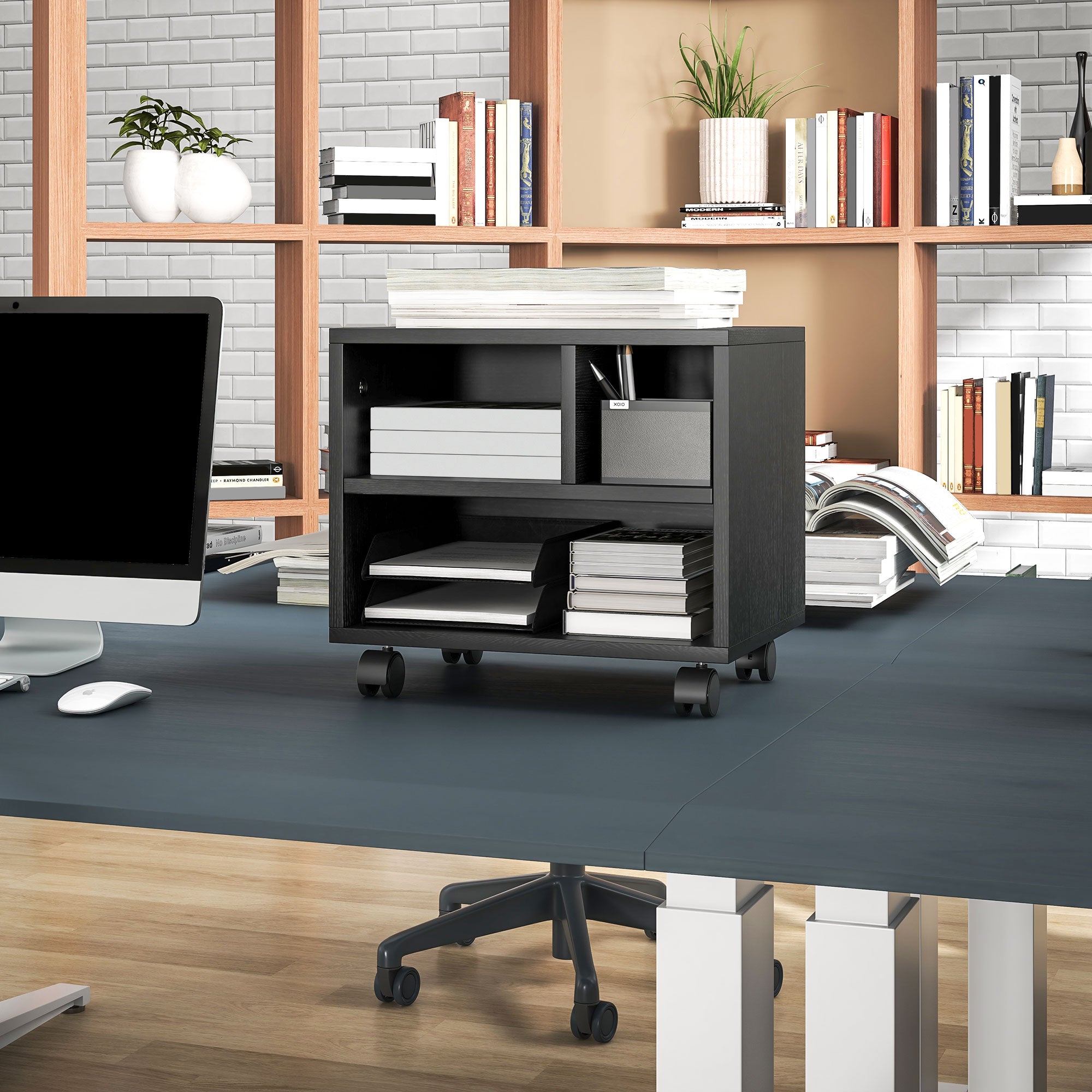 Three-Compartment Printer Cabinet with Wheels for Office Storage - Black