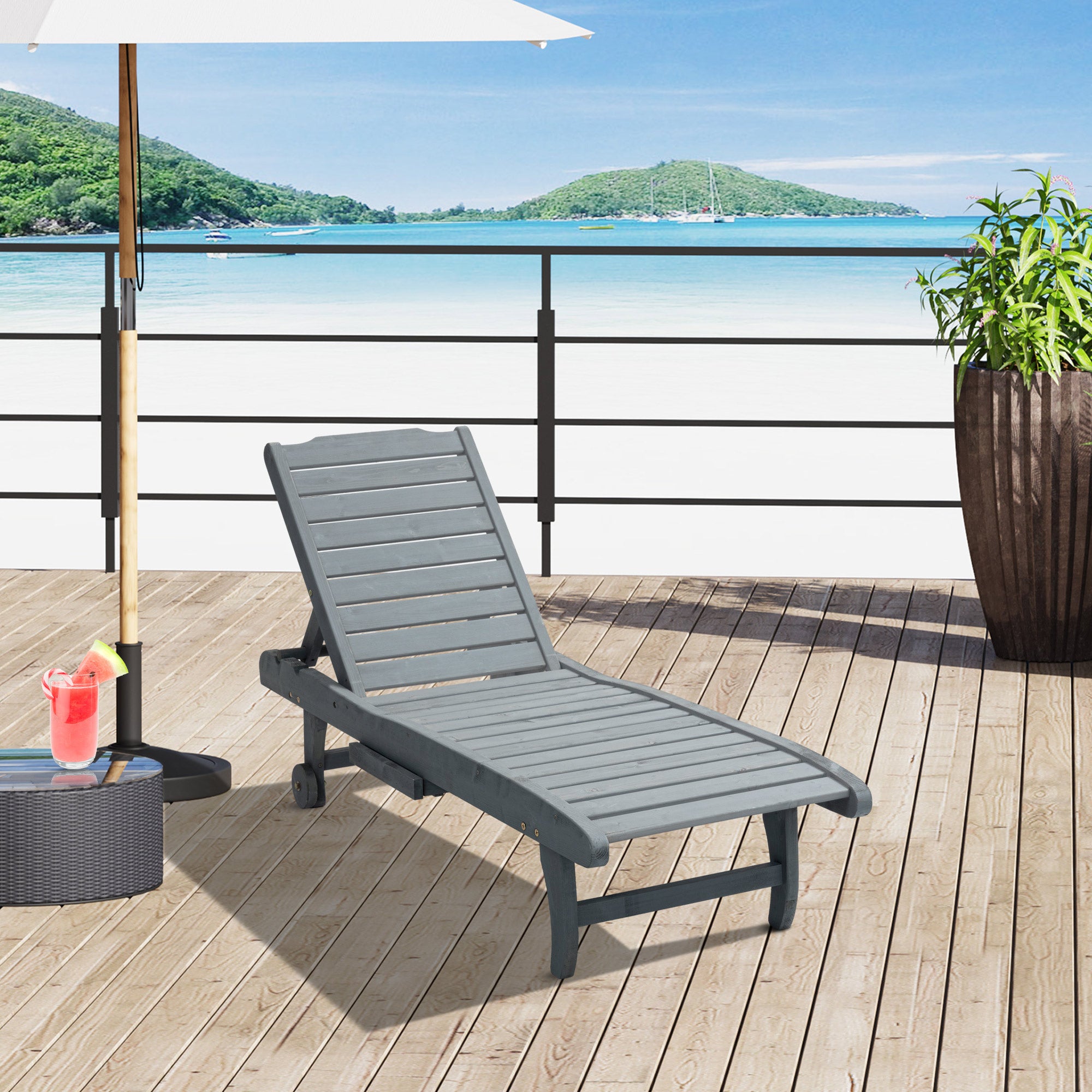 Garden Patio Sun Lounger, Outdoor Wooden Sun Bed with Built-In Table, Reclining Backrest and Rolling Wheels for Sunbathing, Grey