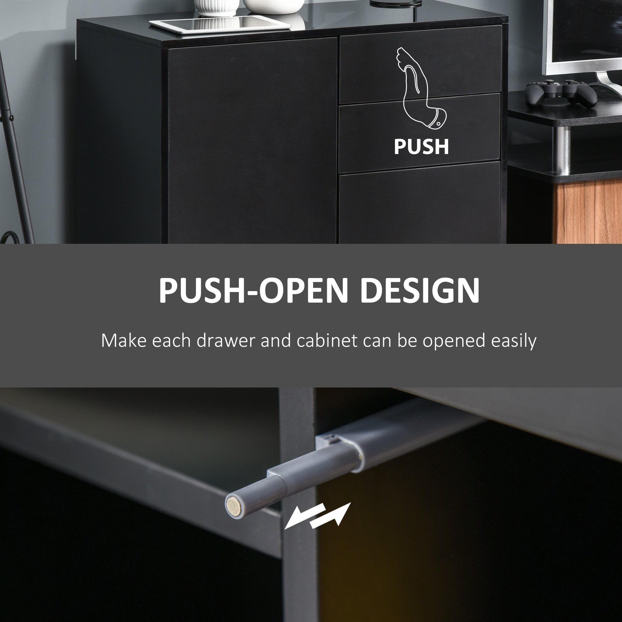 High Gloss Frame Sideboard, Side Cabinet, Push-Open Design with 2 Drawer for Living Room, Bedroom, Black