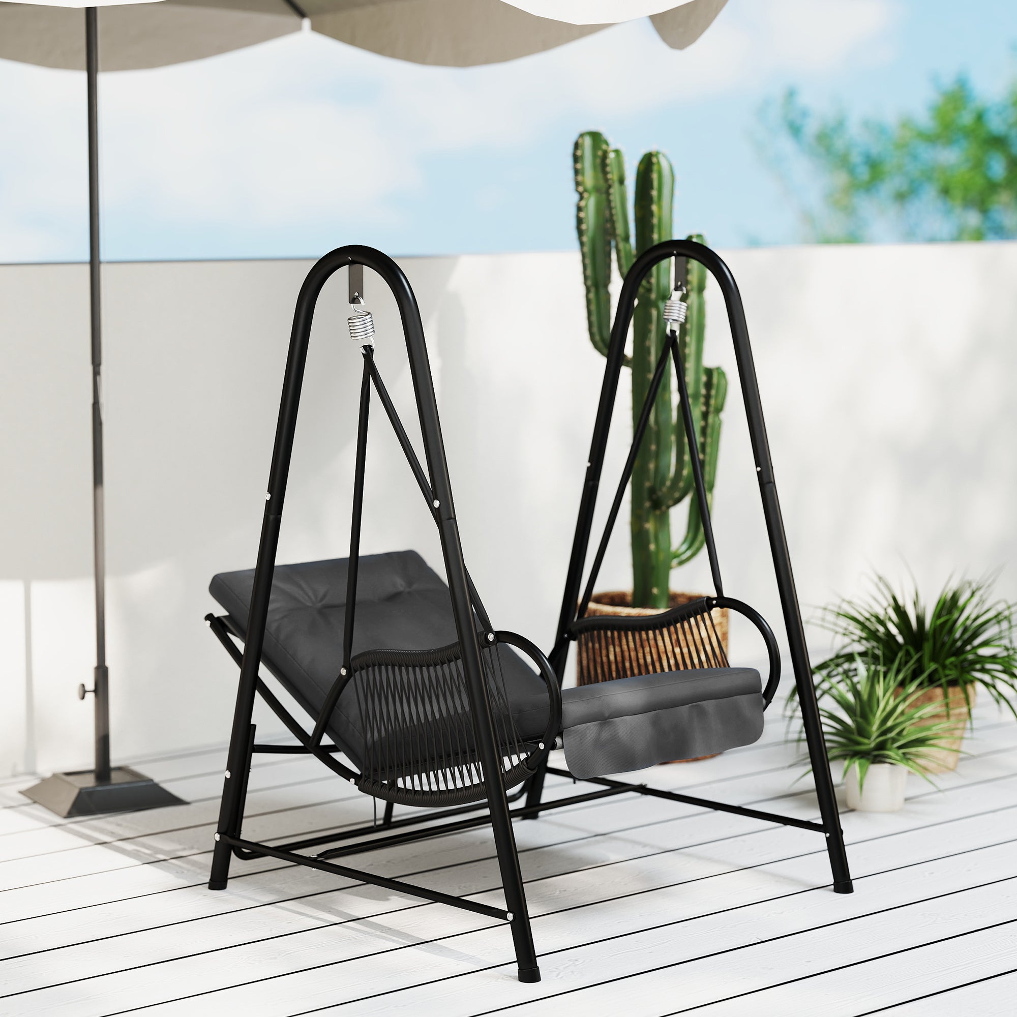 Rattan Swing Chair with Stand and Cushion Set - Dark Grey