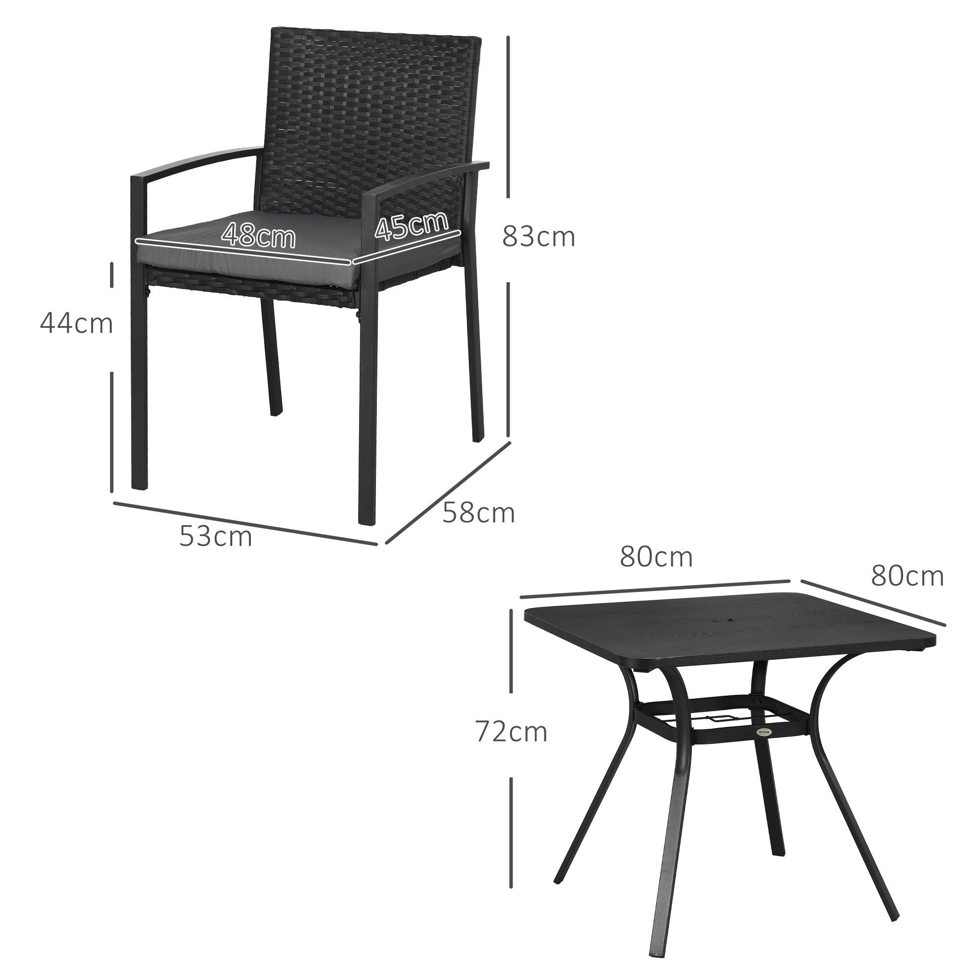 Five-Piece Garden Dining Set, with Rattan Seat Chairs and Cushions - Black