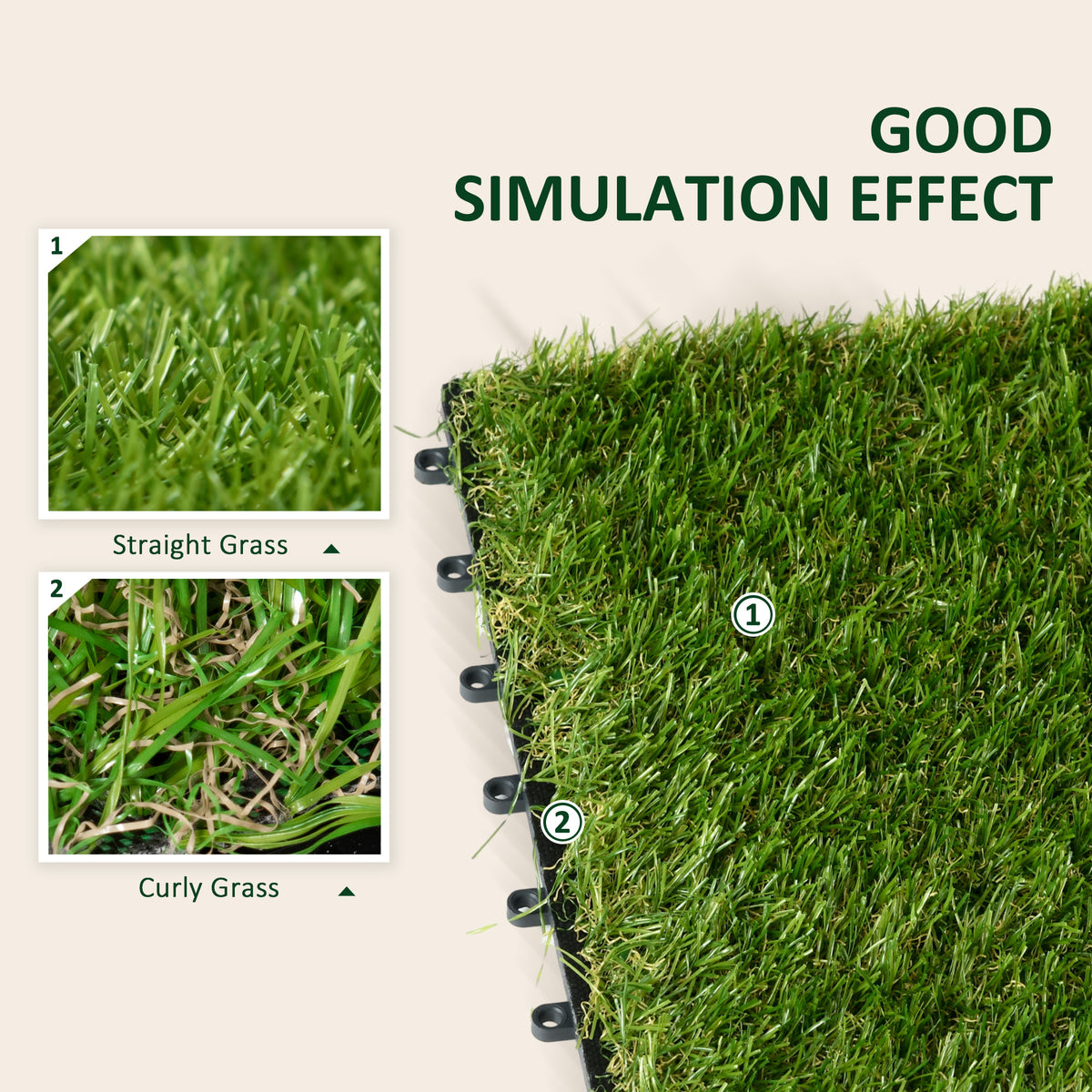 10-Piece Artificial Grass Set, Weatherproof Turf Tiles, 25mm Pile Height, Outdoor Carpet for Garden, Balcony & Patio, 30 x 30cm, Dark Green