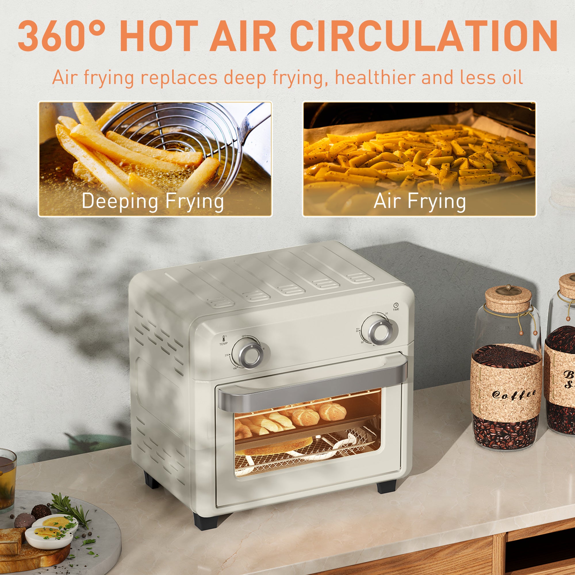 10L Air Fryer Oven, Mini Oven, Oil Free Cooking, Grill, Roast, Bake, with Adjustable Temperature, Timer, Touch Screen, Dishwasher Safe, 1000W, Cream White