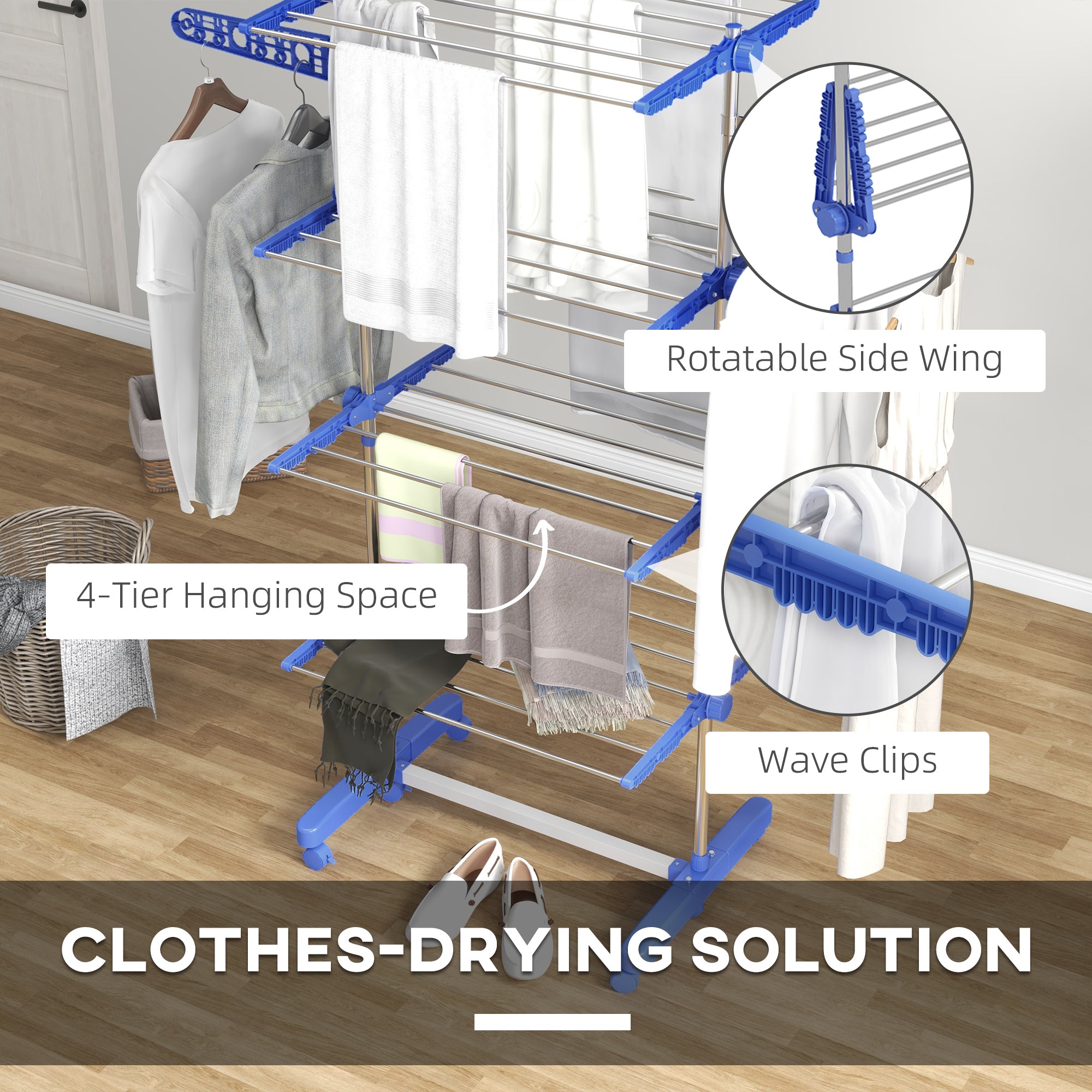 Four-Shelf Collapsing Clothes Horse, With Side Arms and Wheels - Blue