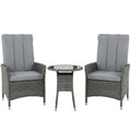 Rattan Bistro Set, Reclining Garden Chairs and Glass Coffee Table with Cushions for Patio Balcony Porch, Grey