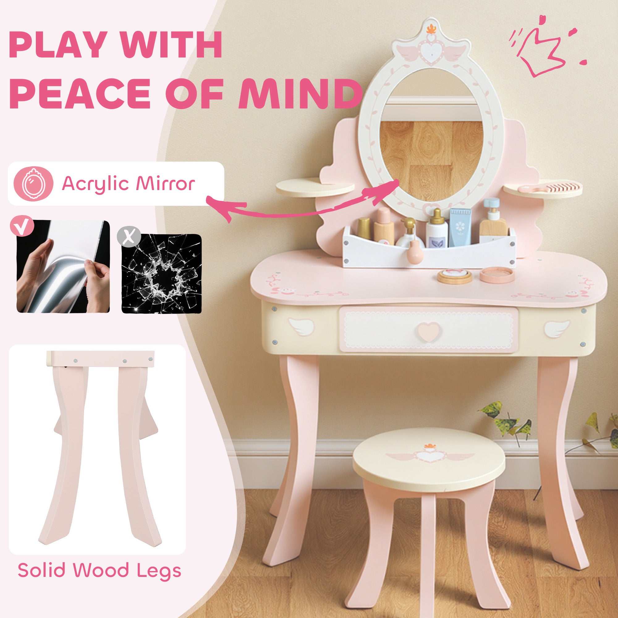 Kids Dressing Table, Girls Vanity Set with Mirror and Stool, 7 Play Accessories, Drawer, Desktop Storage, Pink