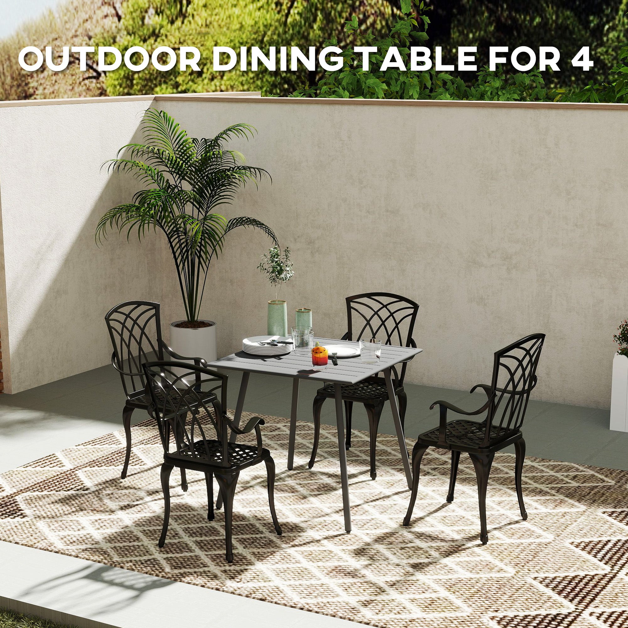 4 Seater Square Garden Table with Slat Top Steel Frame - Grey